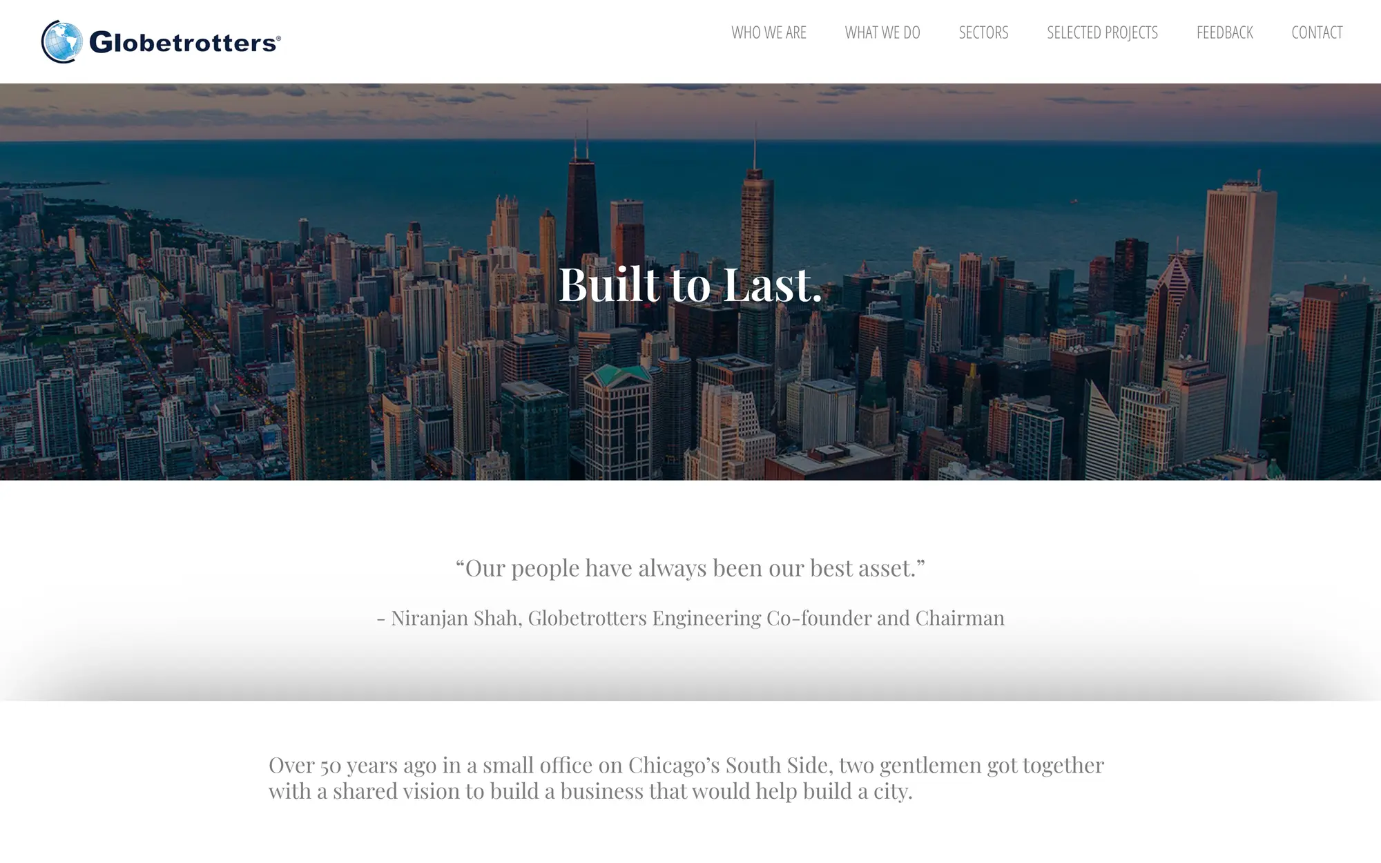 Desktop History hero, “Built to Last.,” with a panoramic Chicago skyline and the founder’s quote beneath.