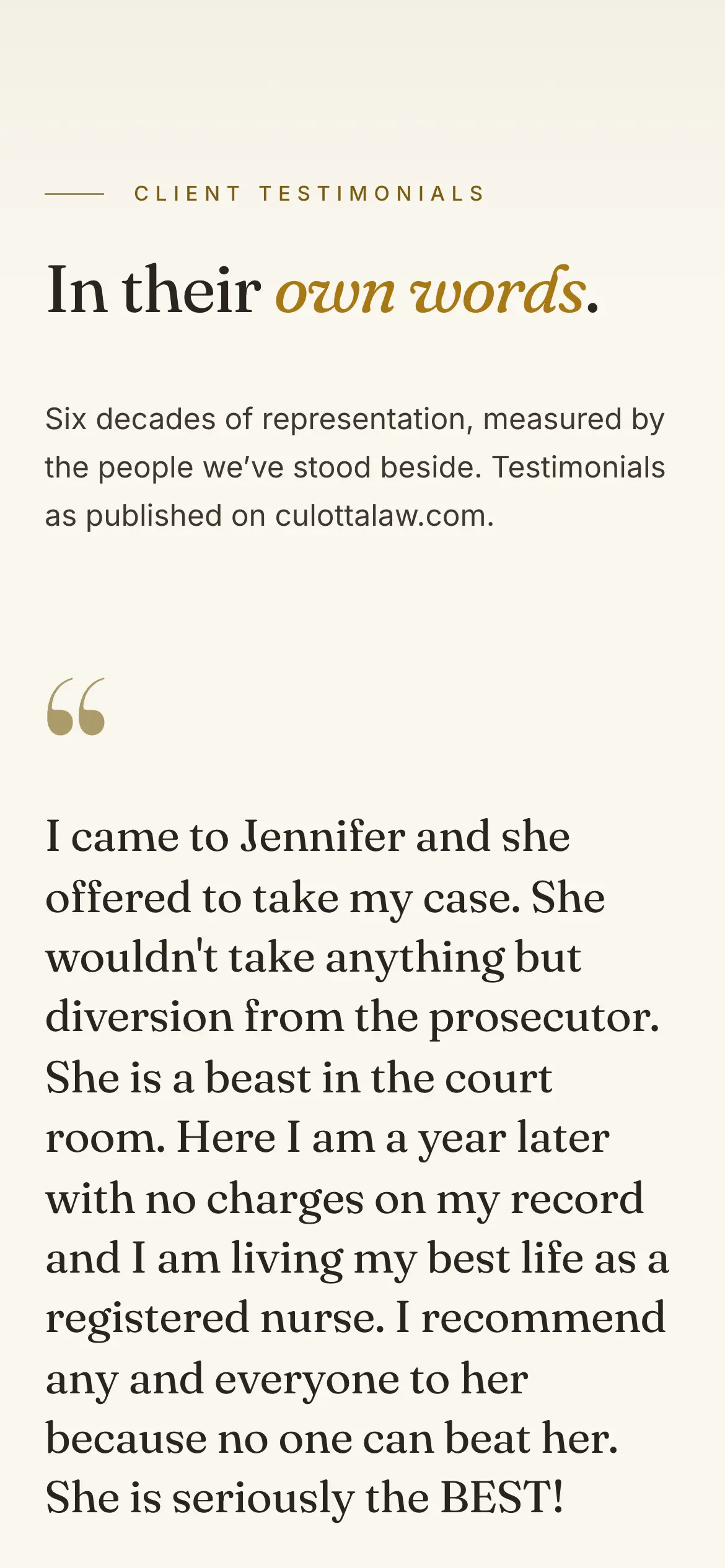 Mobile testimonials, “In their own words.,” setting a client’s story in large serif type.