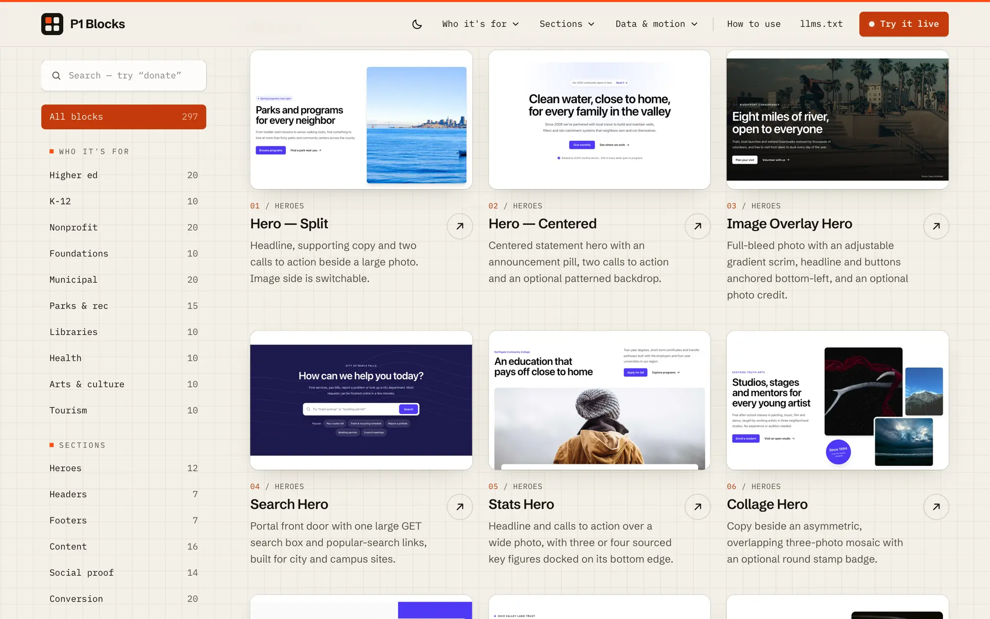 Desktop catalog with a category sidebar and a grid of hero blocks, from Hero — Split to Collage Hero, each with a live preview thumbnail.