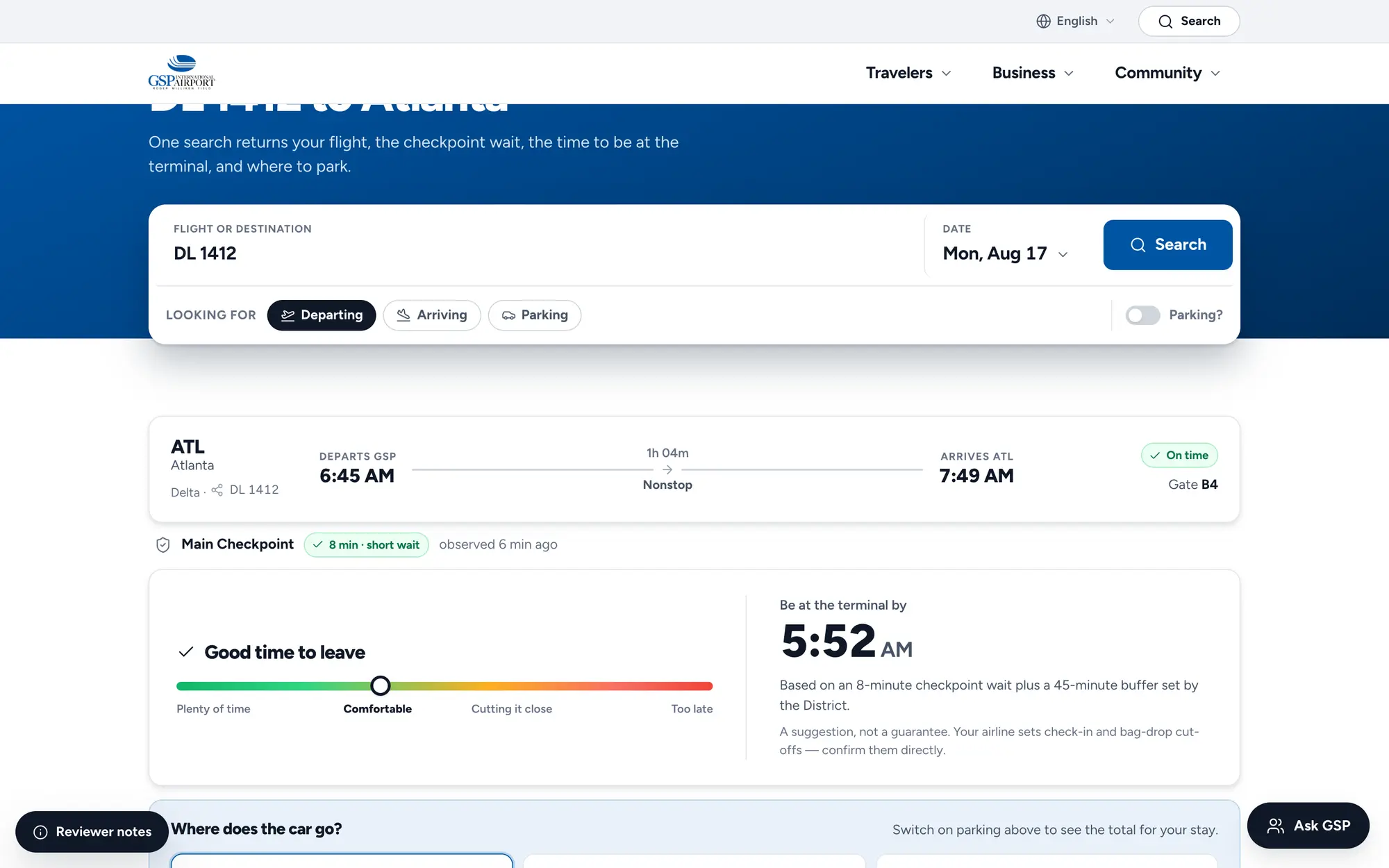 Desktop trip planner, “DL 1412 to Atlanta,” with the flight card and main checkpoint wait under the search.