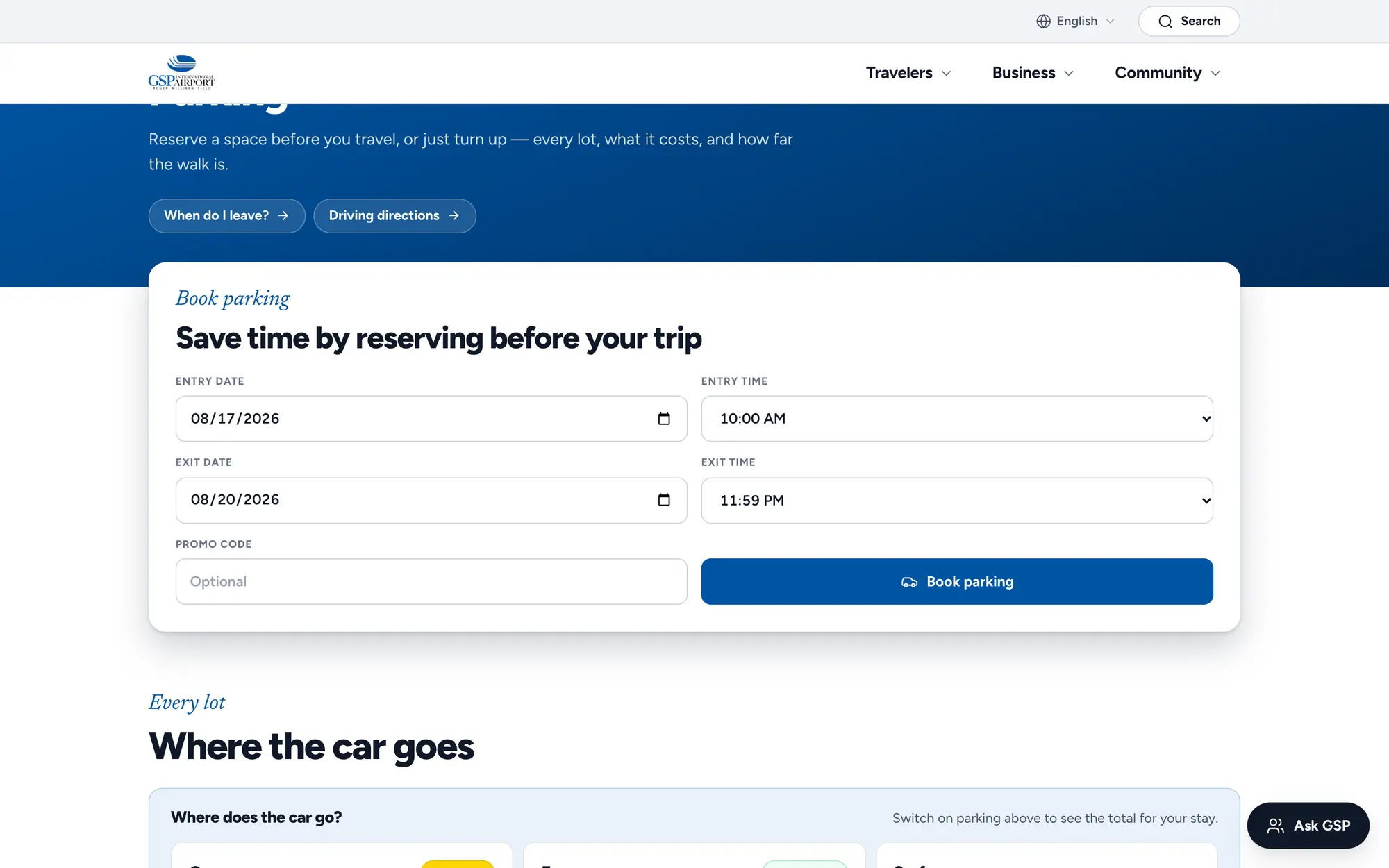 Desktop parking reservation form, “Save time by reserving before your trip,” under the Parking & Booking hero.