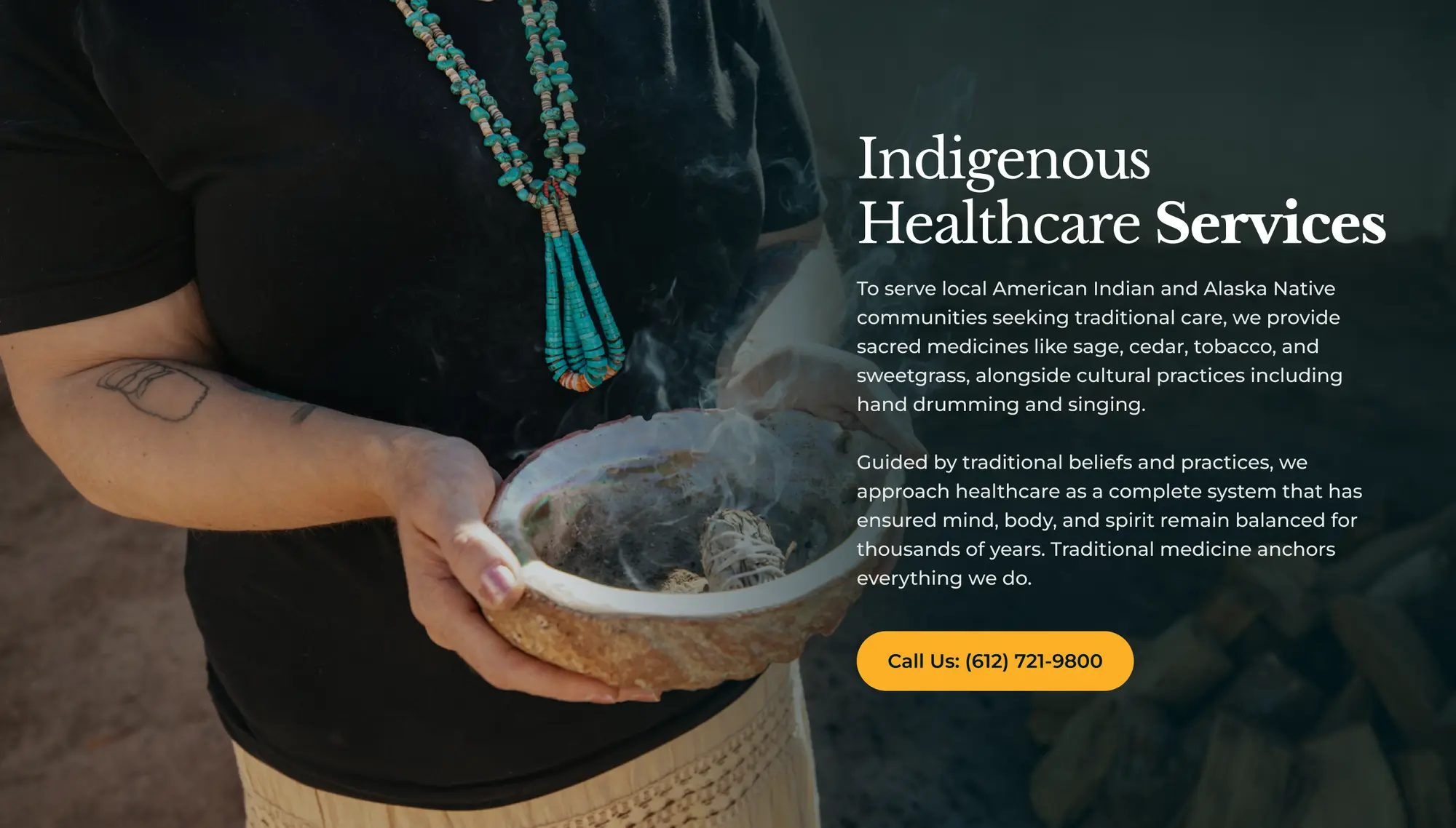 Indigenous Healthcare Services section describing traditional medicine and cultural practices, with a call button.