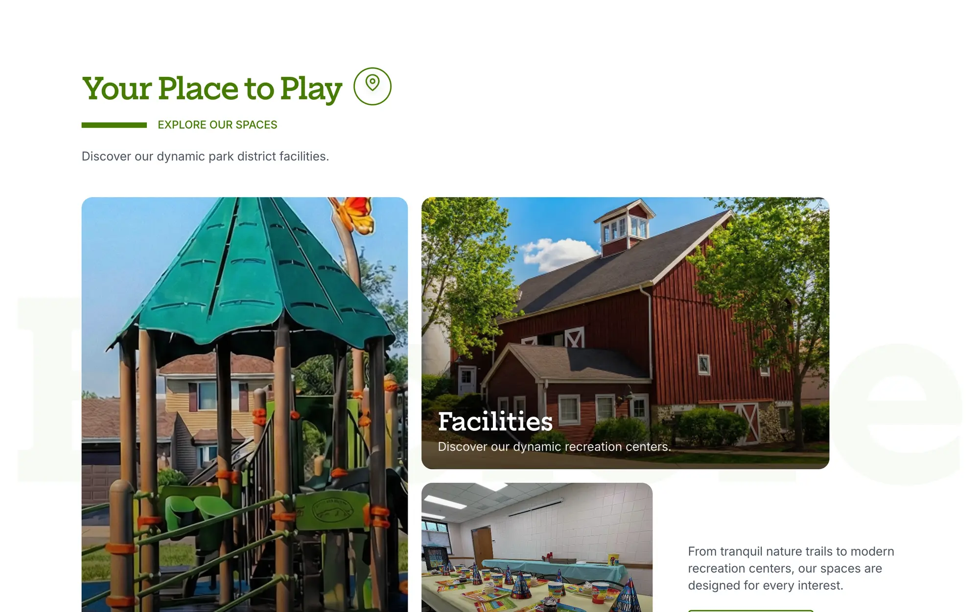 Desktop “Your Place to Play” collage linking to parks, facilities and rentals.