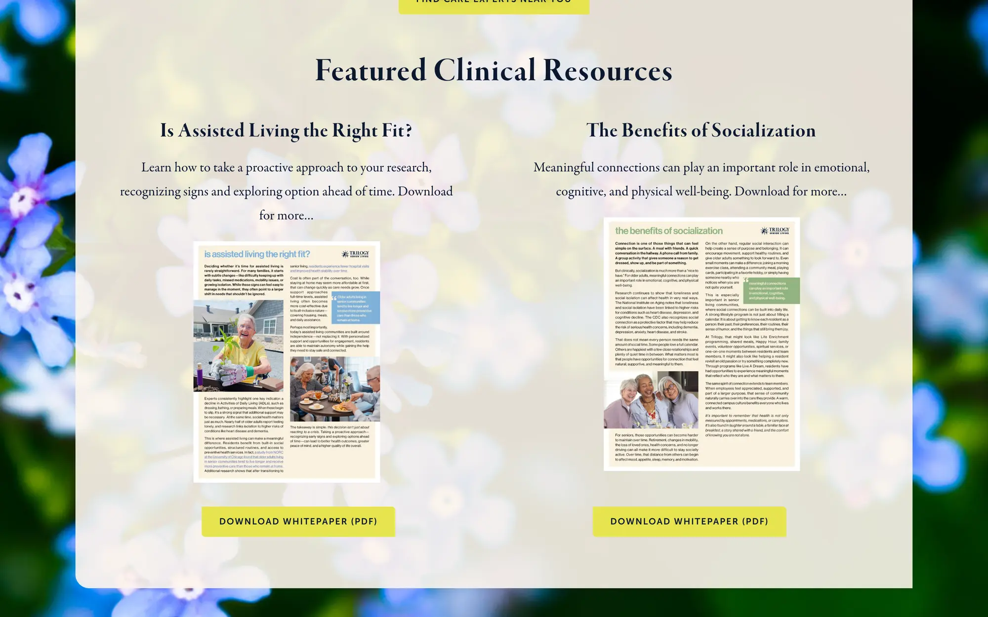 Desktop “Featured Clinical Resources” section with downloadable whitepapers on choosing assisted living and the benefits of socialization.