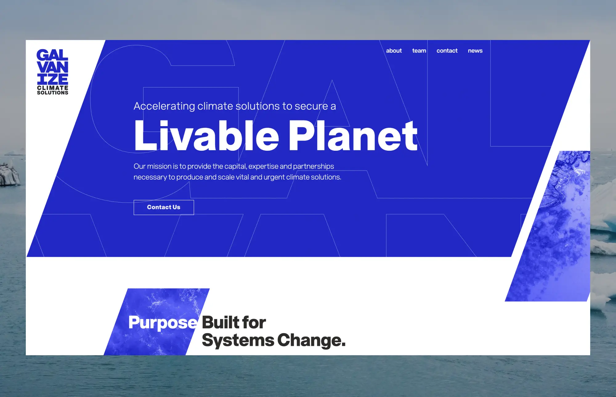 Homepage hero section with ‘Livable Planet’ headline and angular blue design elements