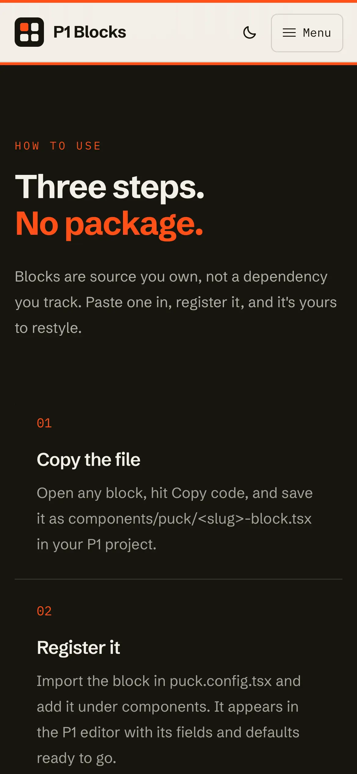 Mobile how-to-use section, “Three steps. No package.,” explaining copy the file and register it, with plain React for projects off P1.