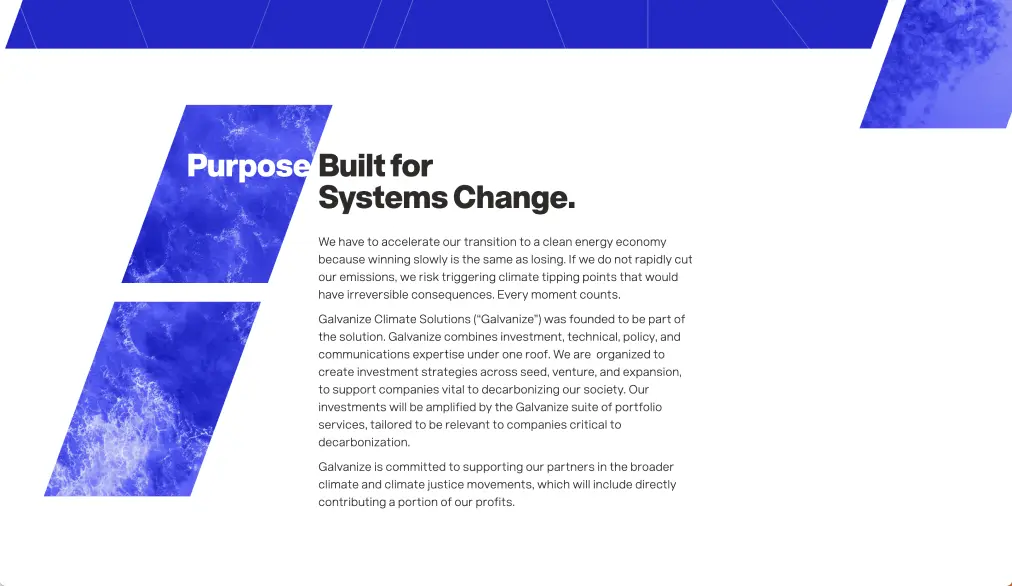 Mission section displaying ‘Purpose Built for Systems Change’ with company description