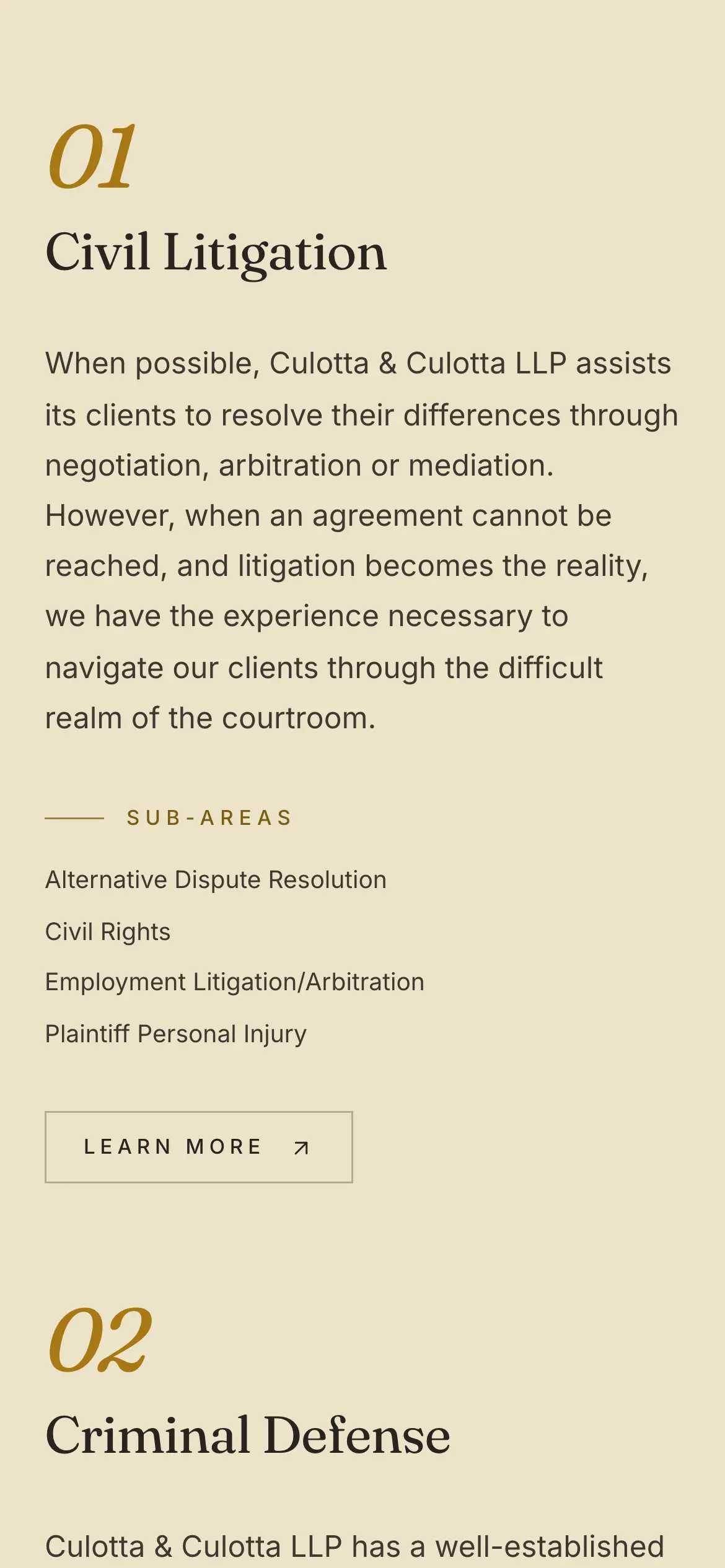 Mobile practice list with Civil Litigation and Criminal Defense, each showing a summary, sub-areas and a Learn more link.