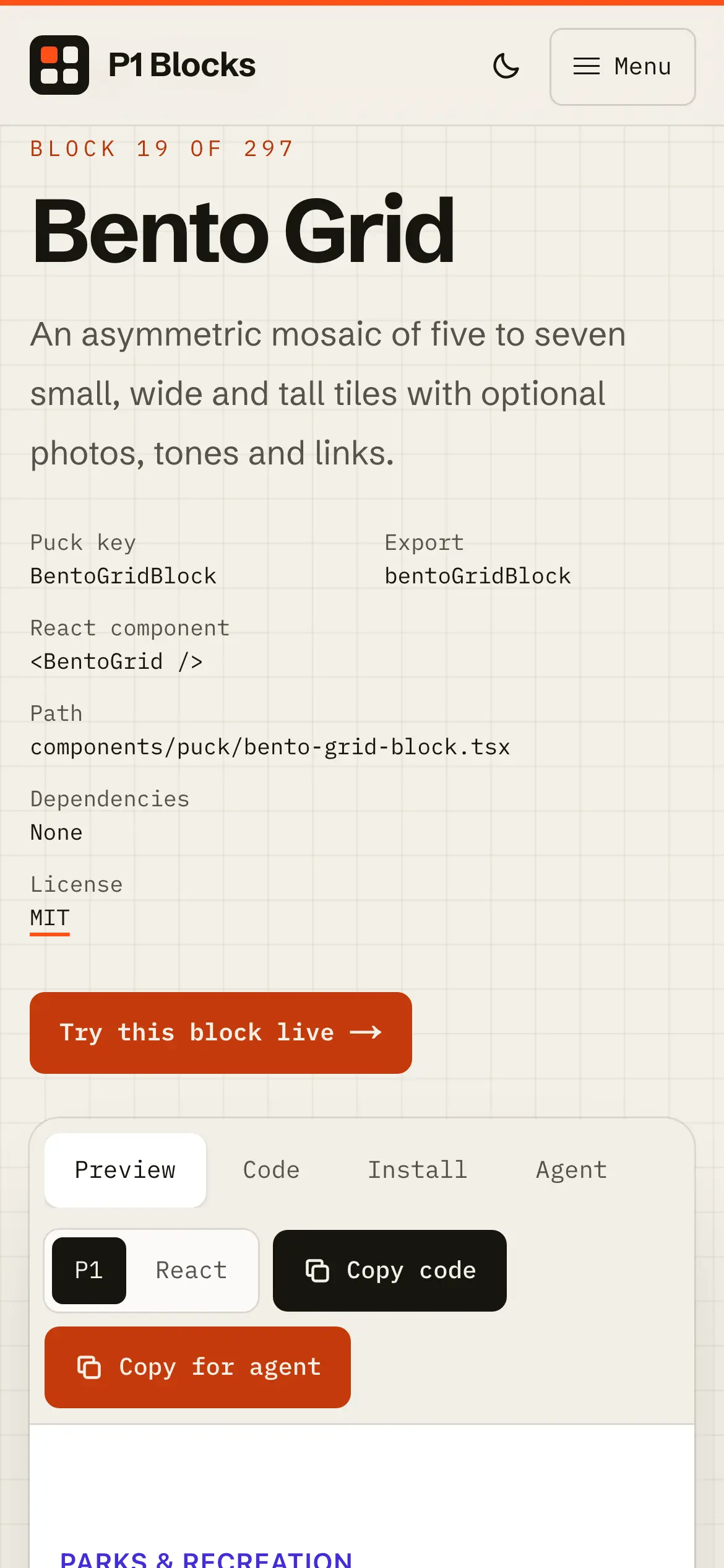 Mobile Bento Grid block page, with its install details, a Try this block live button and Copy code and Copy for agent actions.