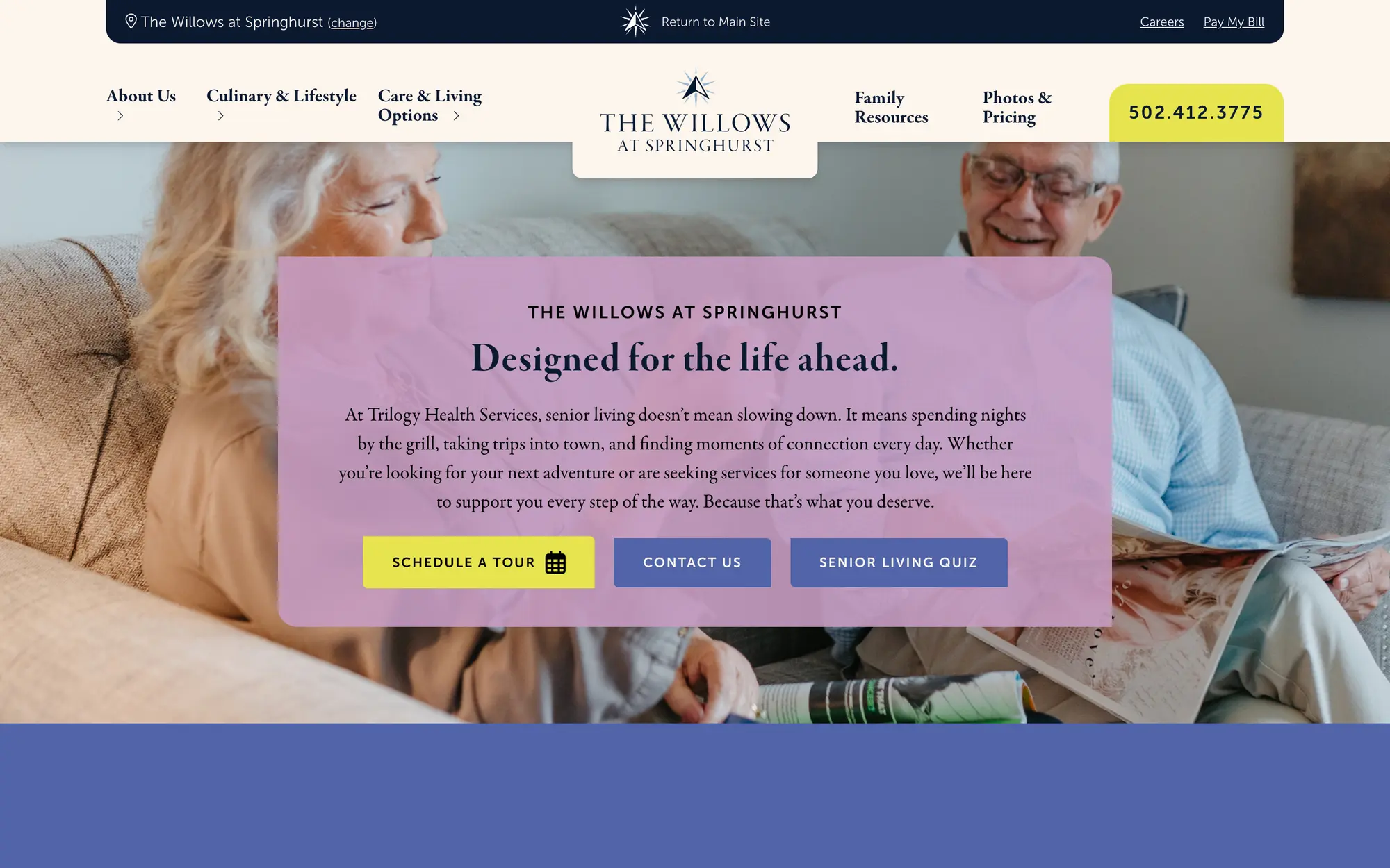 Desktop community hero for The Willows at Springhurst, “Designed for the life ahead.,” with its own local navigation and phone number.