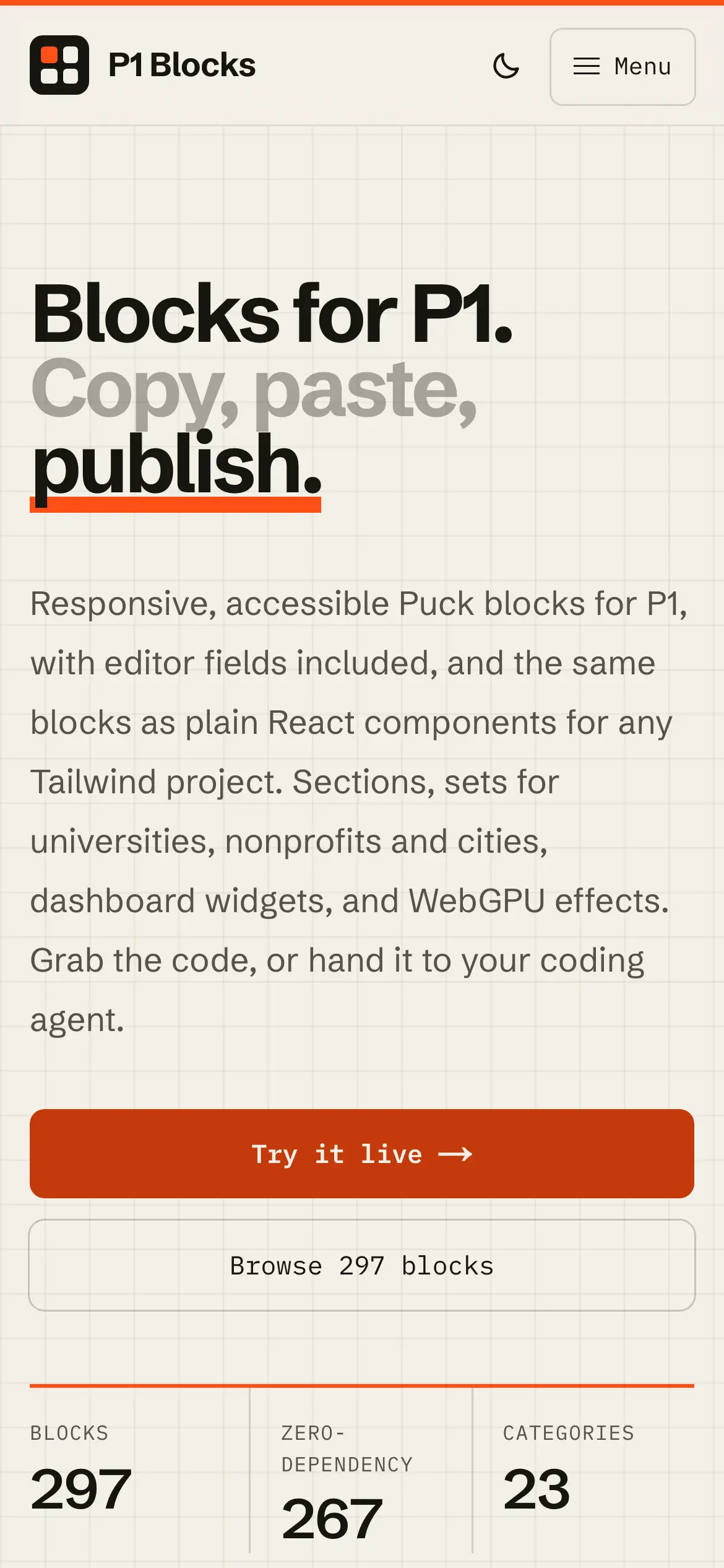 Mobile homepage hero, “Blocks for P1. Copy, paste, publish.,” with Try it live and Browse 297 blocks buttons.