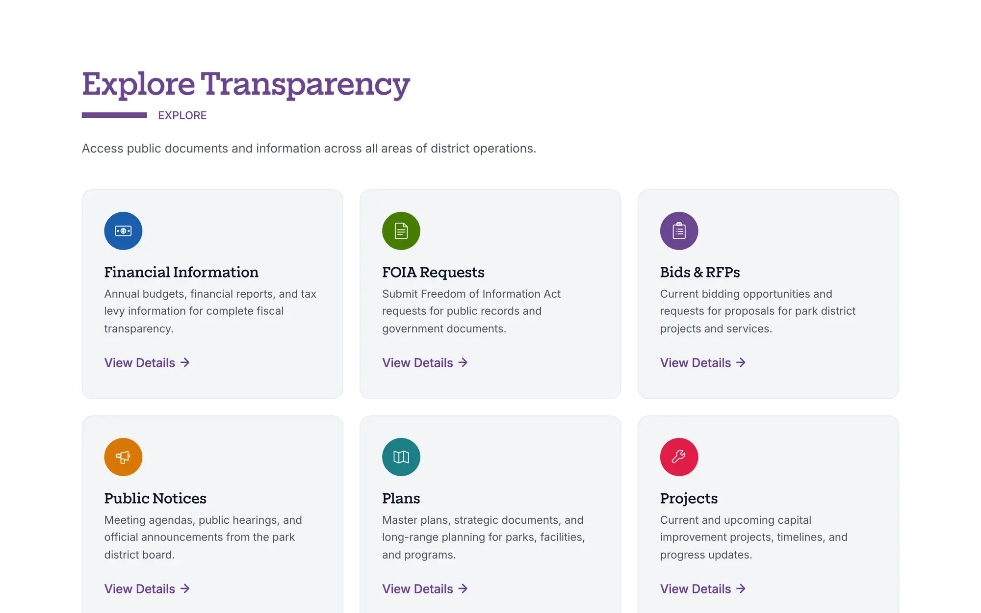 Desktop “Explore Transparency” grid linking to Financial Information, FOIA Requests, Bids & RFPs, Public Notices, Plans and Projects.