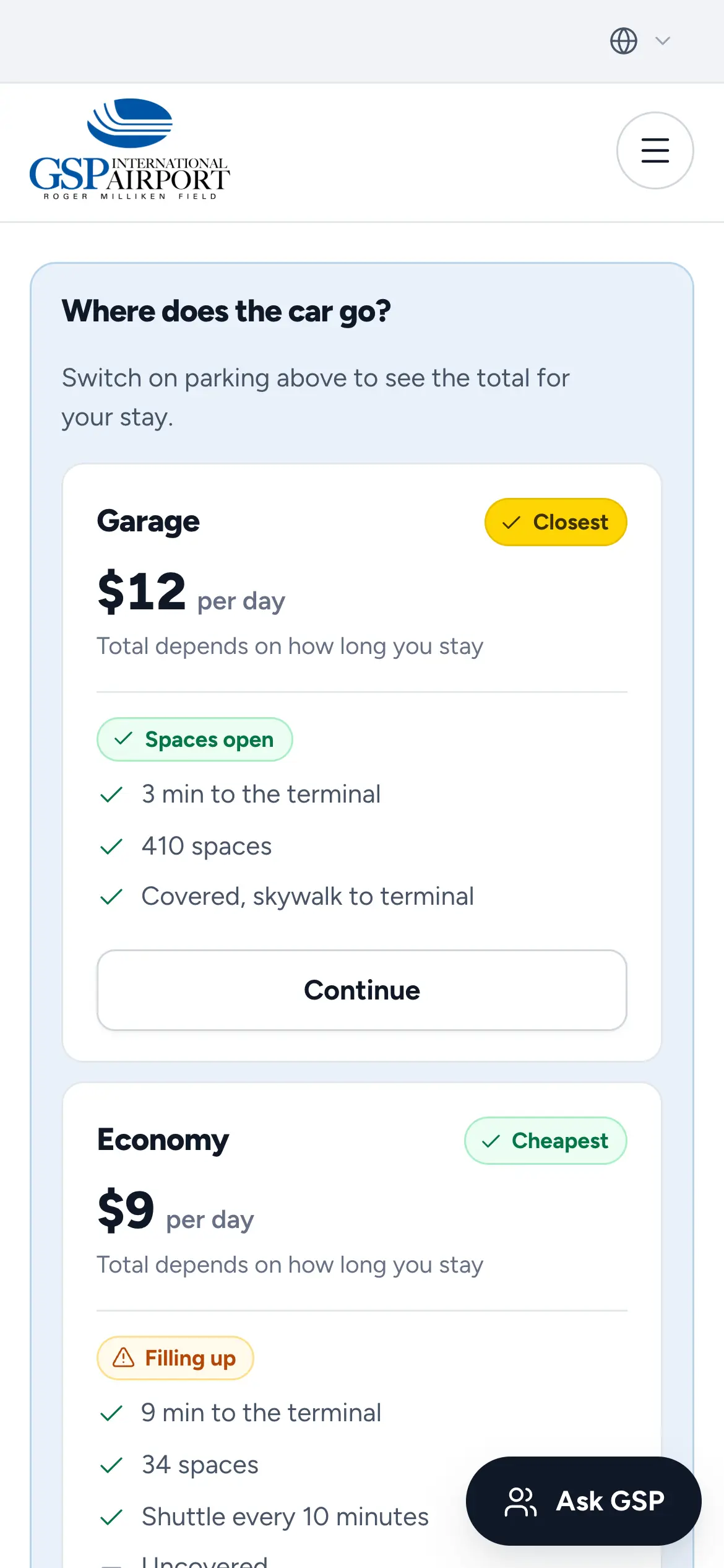 Mobile “Where does the car go?” comparison with daily rates, spaces open and shuttle times for each lot.