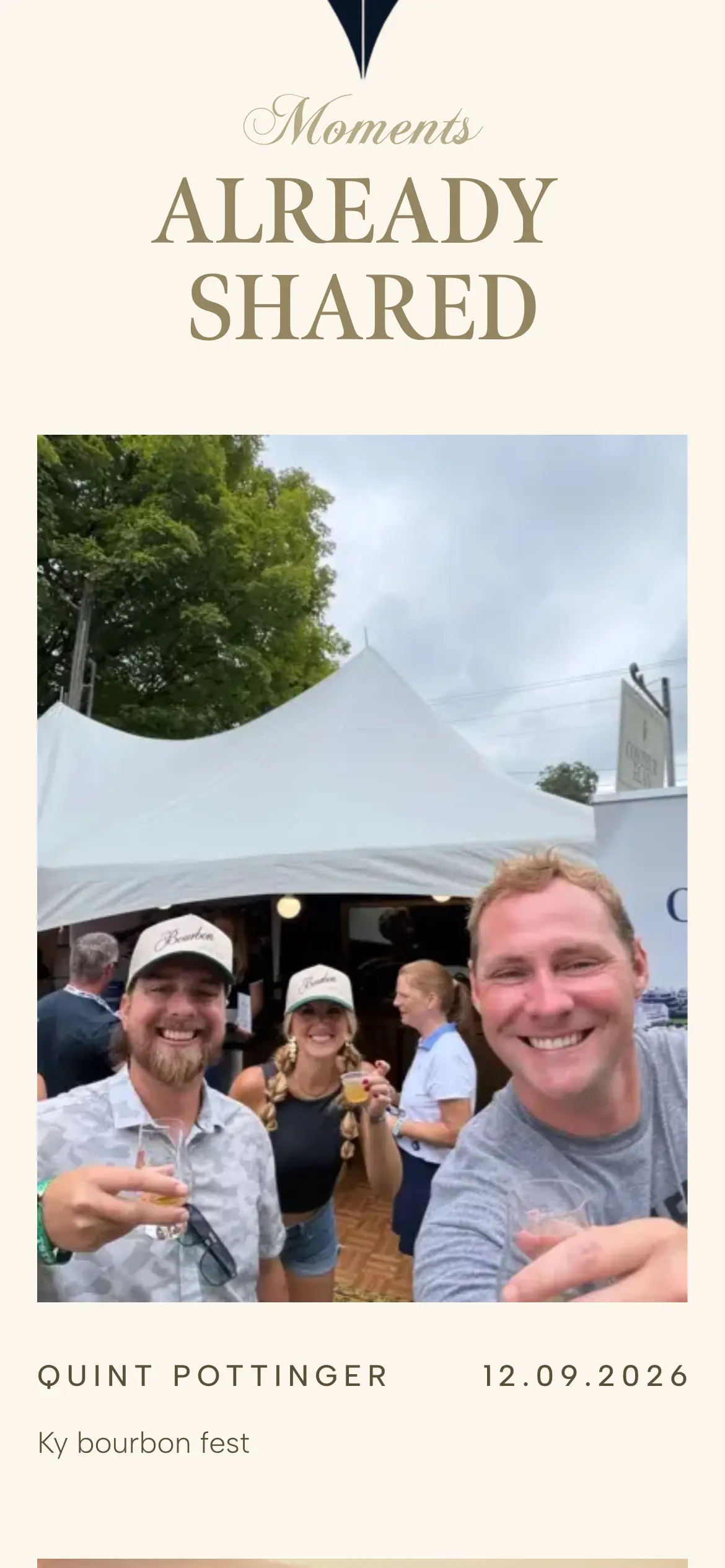 Mobile “Moments Already Shared” wall featuring a community photo from a Kentucky bourbon festival.