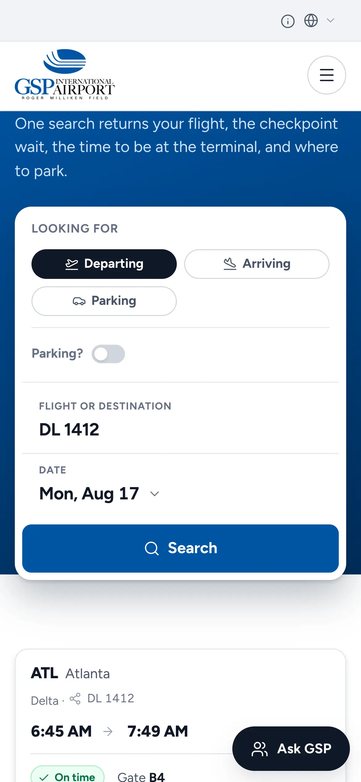 Mobile trip planner search, “One search returns your flight, the checkpoint wait, the time to be at the terminal, and where to park.”