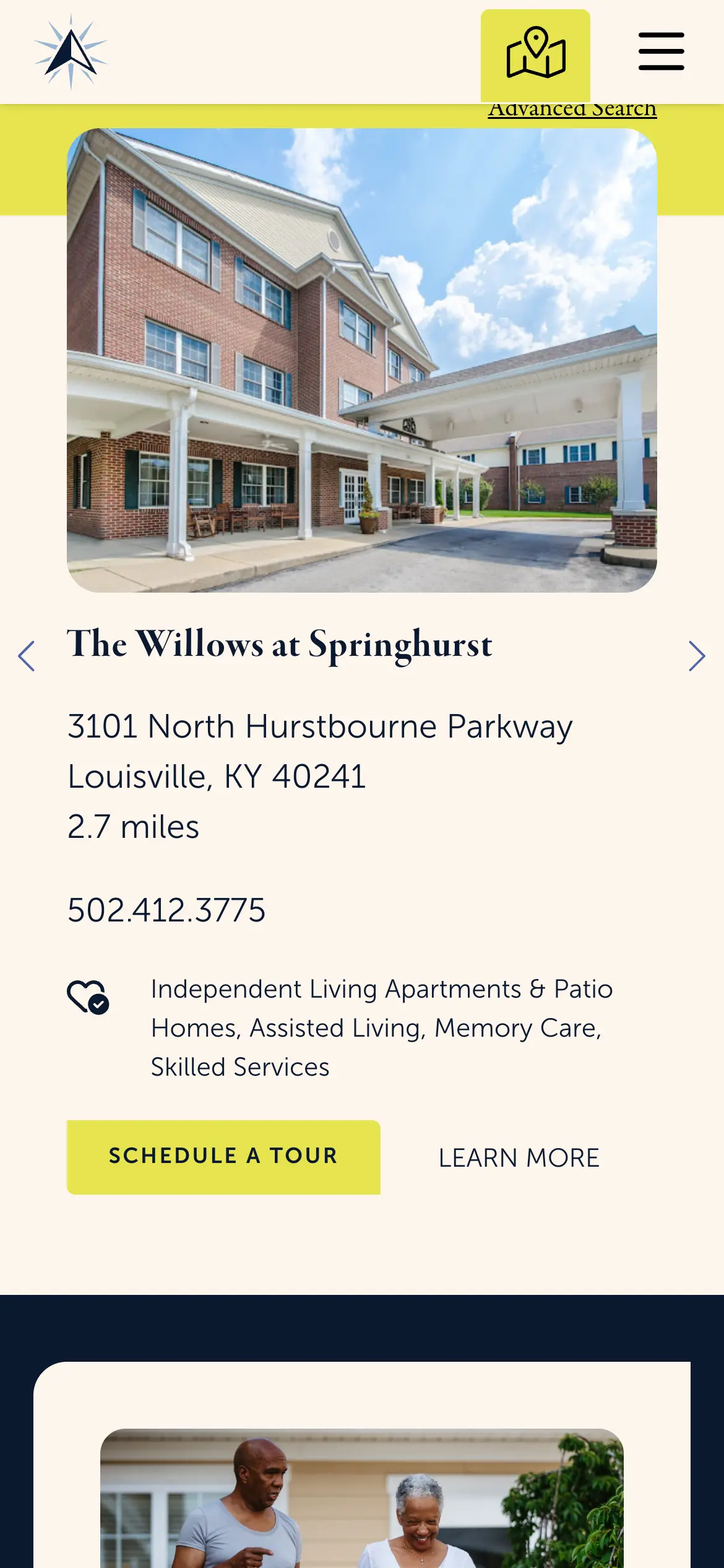 Mobile nearby-communities card for The Willows at Springhurst, with address, distance, care types and a Schedule a Tour button.