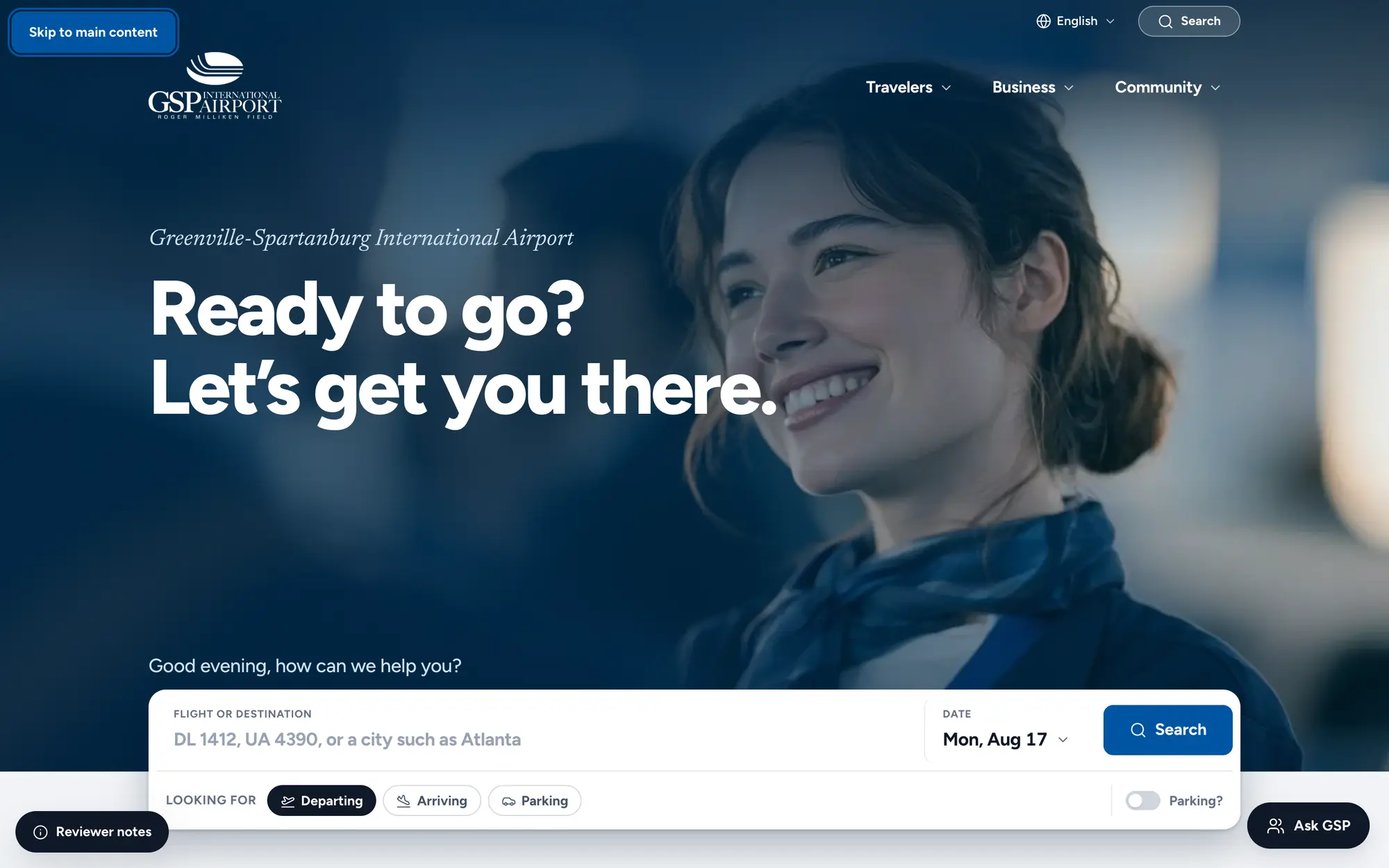 Desktop homepage hero, “Ready to go? Let’s get you there.,” with a single search for flight, airline or destination and Departing, Arriving and Parking modes.