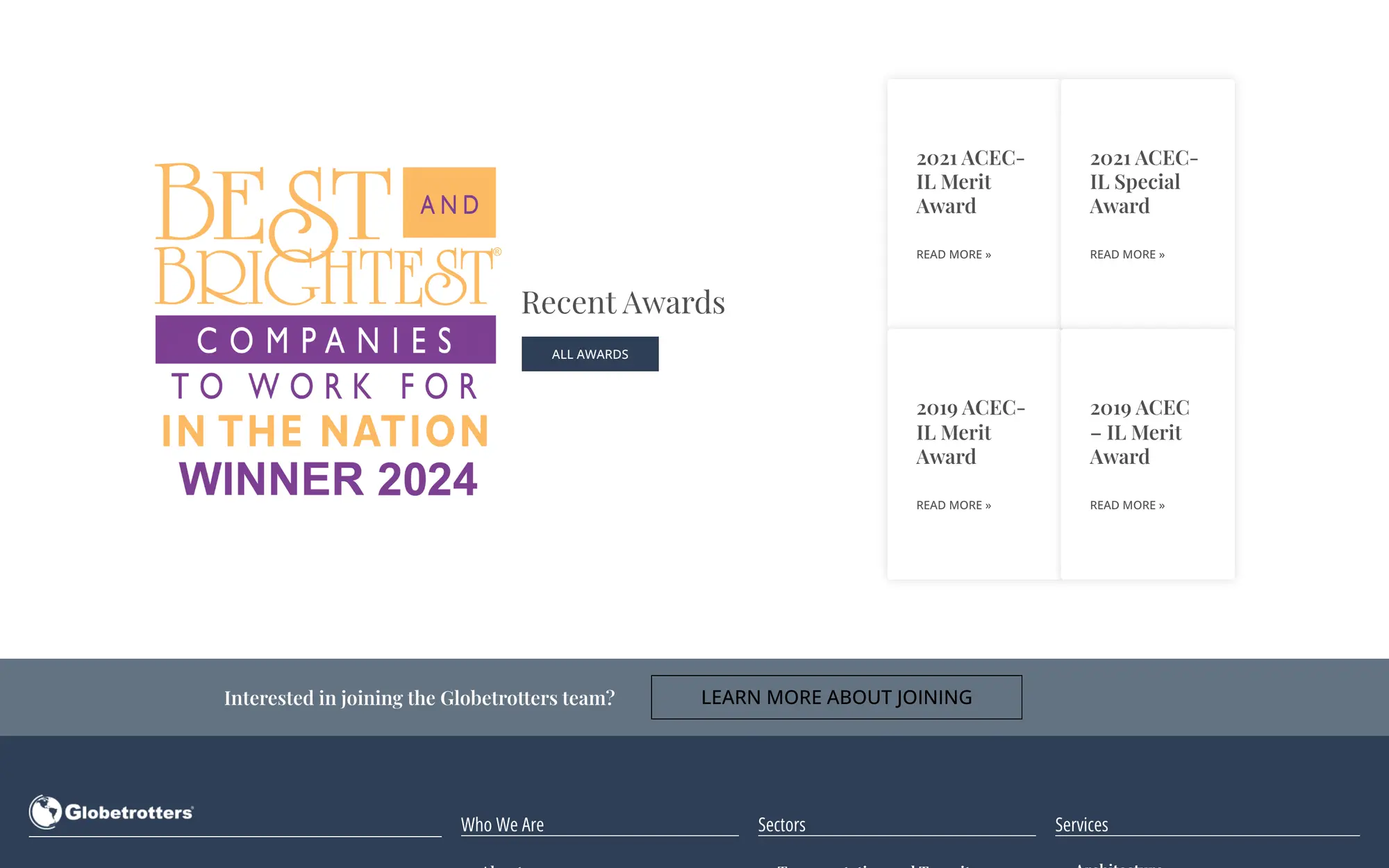 Desktop Recent Awards section pairing the 2024 Best and Brightest Companies to Work For in the Nation badge with ACEC-IL award cards.