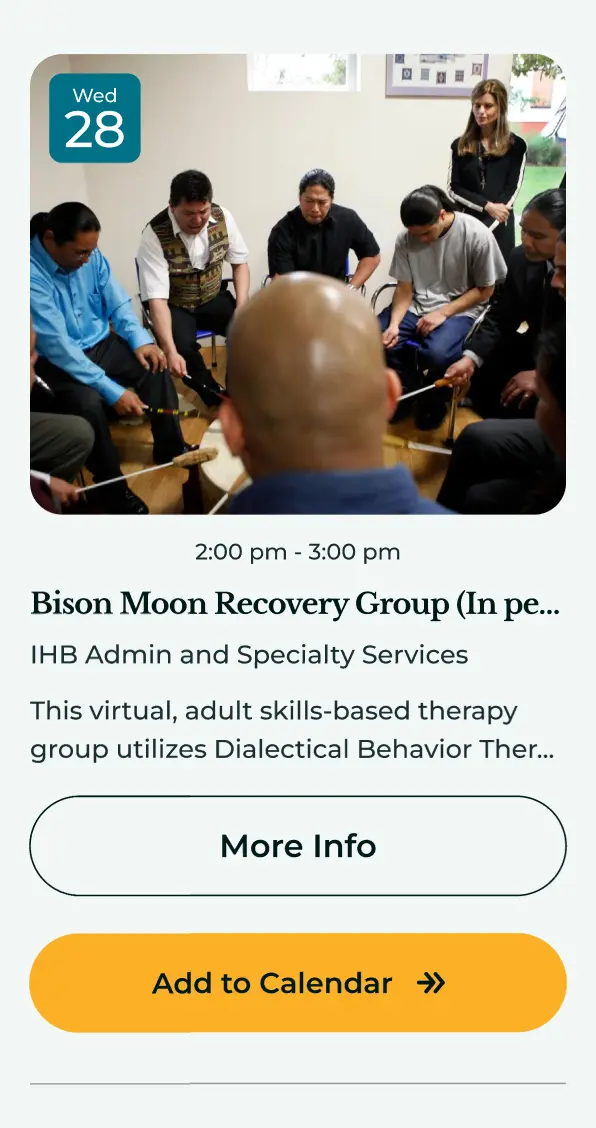 Mobile events card for the Bison Moon Recovery Group with More Info and Add to Calendar actions.