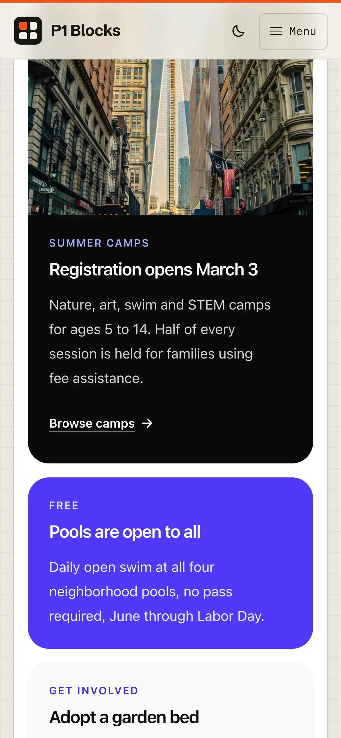 Mobile Bento Grid tiles continued, with a dark summer camps card and a bright “Pools are open to all” card.