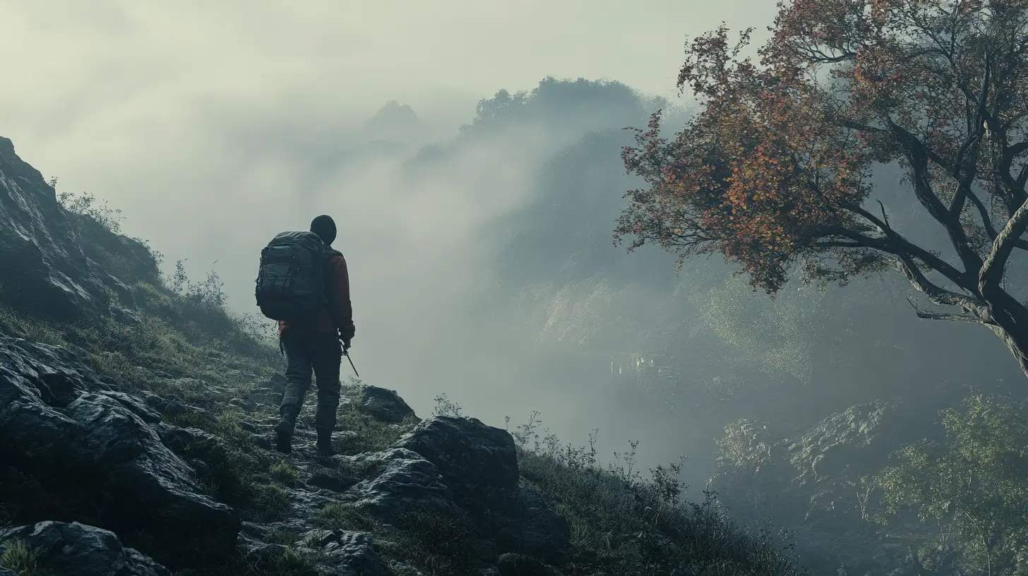 Hiker with backpack standing on a misty mountain trail looking out over a foggy valley, symbolizing exploration into the unknown