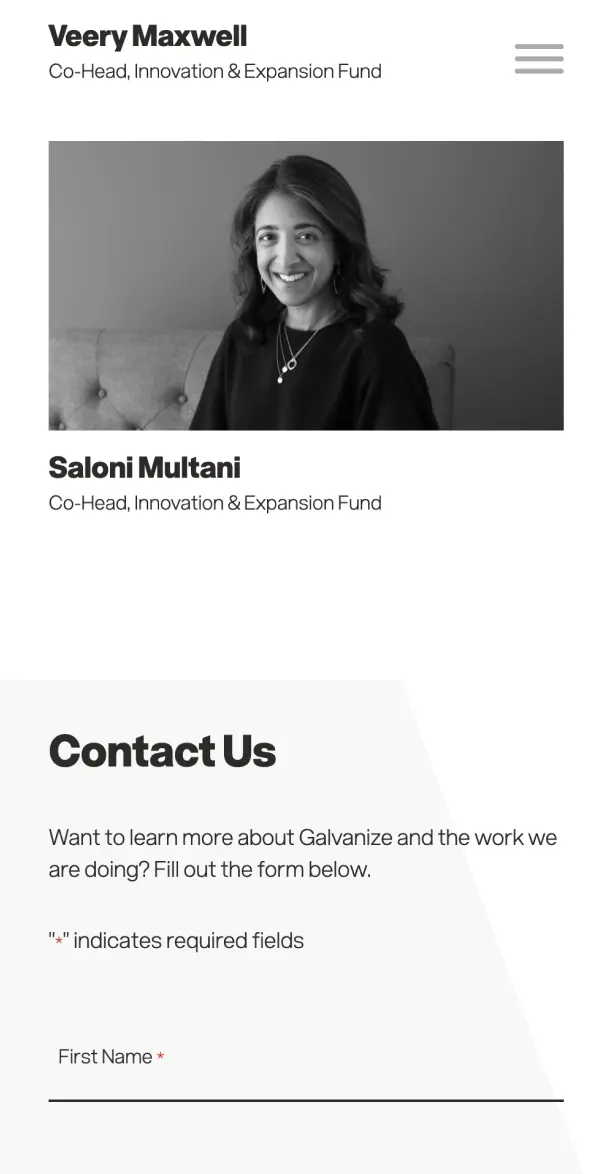 Mobile view of team member profile and contact form