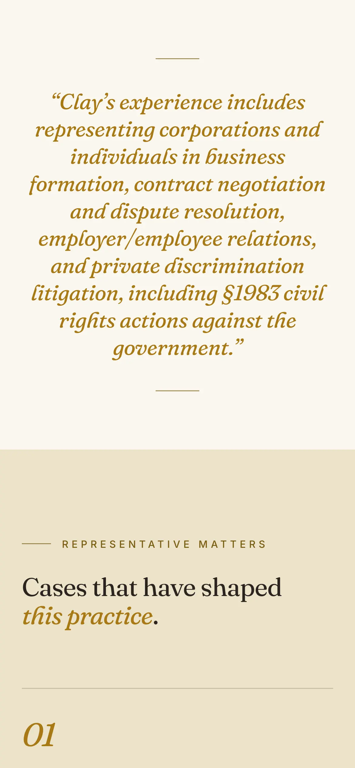 Mobile pull quote summarizing Clay’s practice, leading into “Cases that have shaped this practice.”