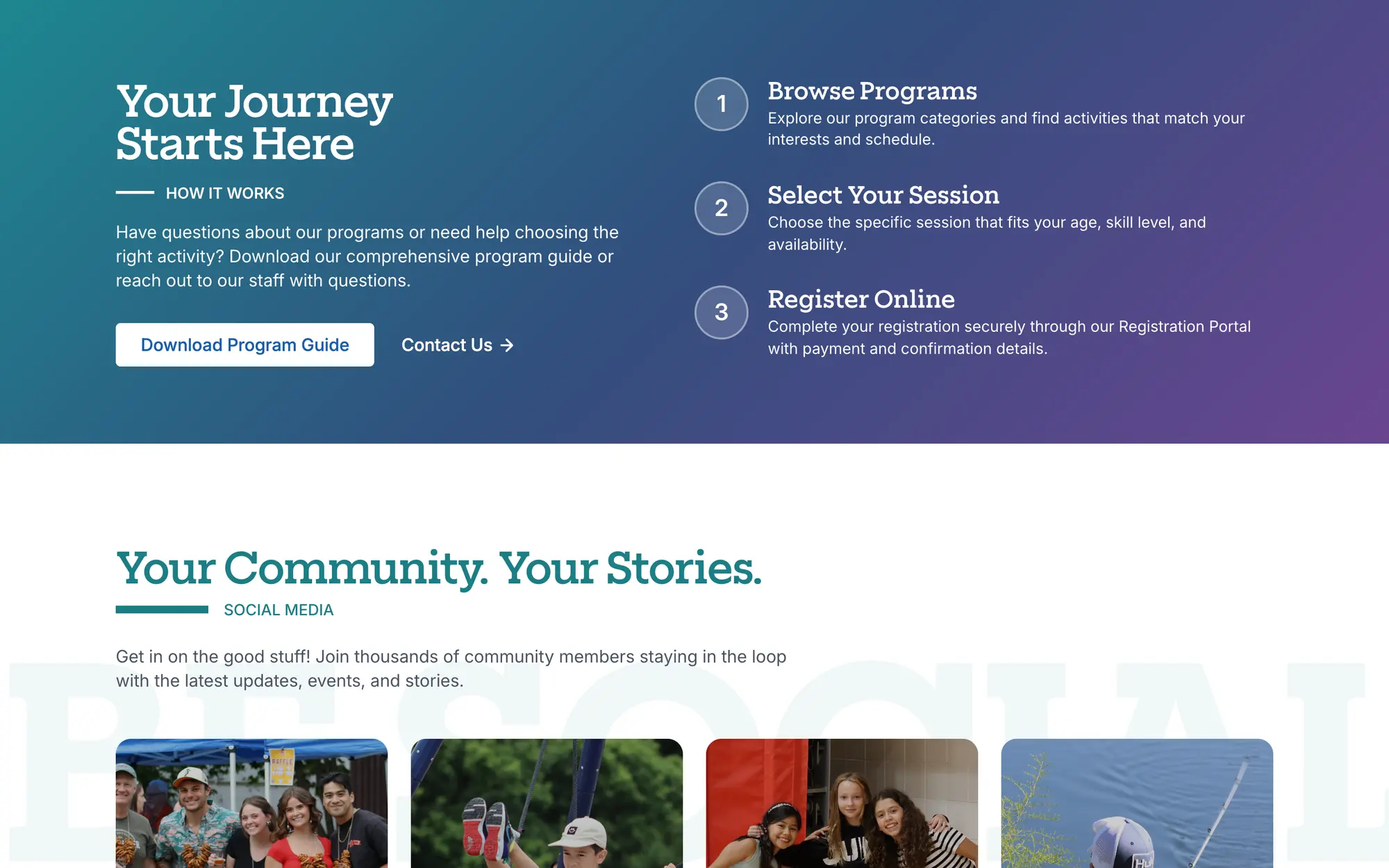 Desktop “Your Journey Starts Here” guide: browse programs, select a session and register online.