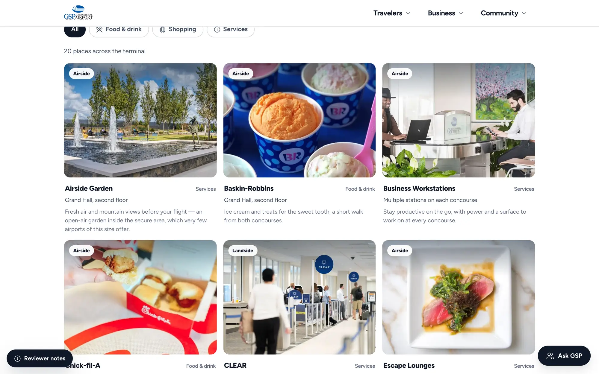 Desktop Dining, Shopping & Amenities directory listing 20 places across the terminal, each tagged airside or landside with its concourse location.