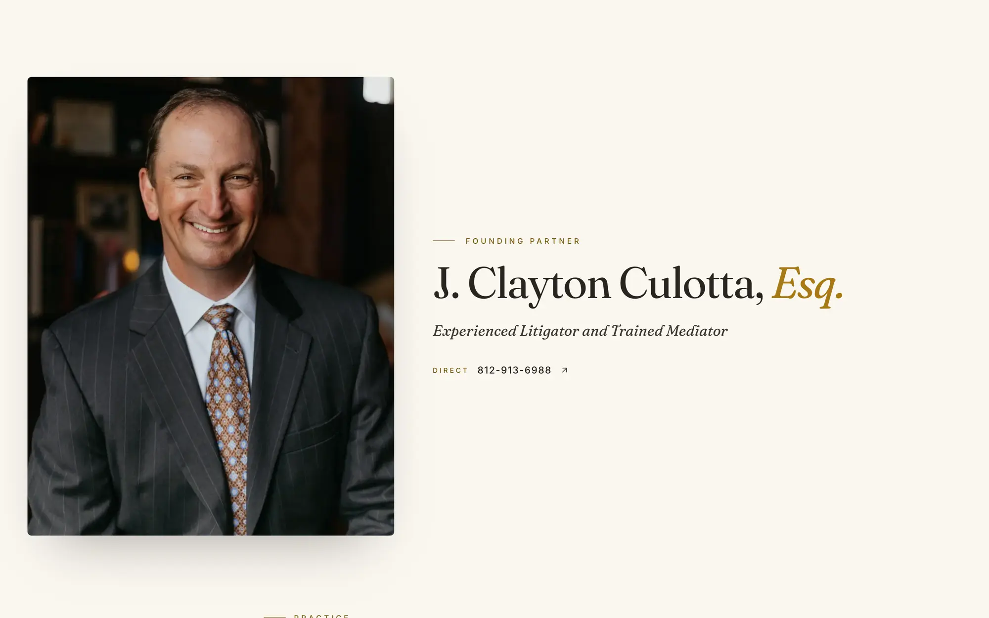 Desktop attorney profile for J. Clayton Culotta, Esq., “Experienced Litigator and Trained Mediator,” with a portrait and direct line.