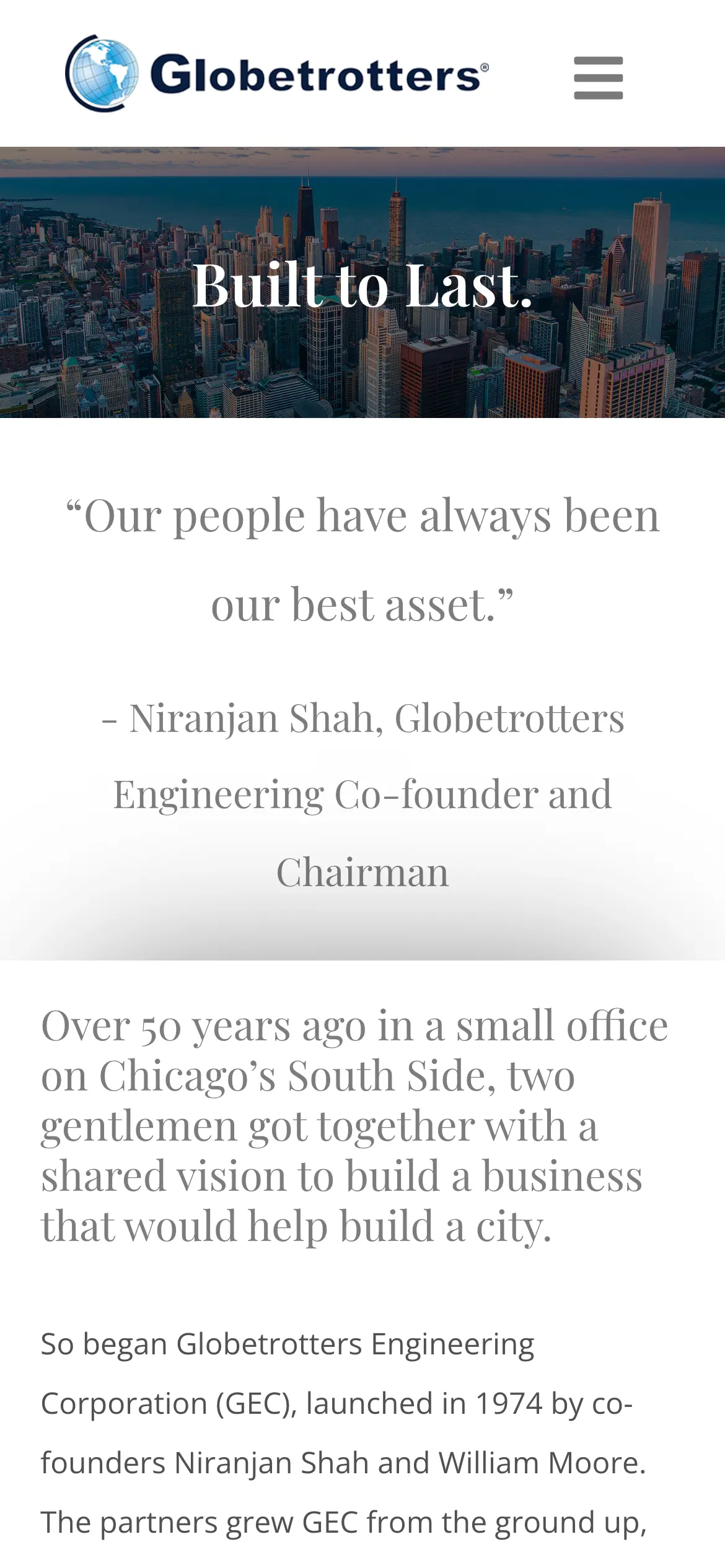 Mobile History hero, “Built to Last.,” over the Chicago skyline.