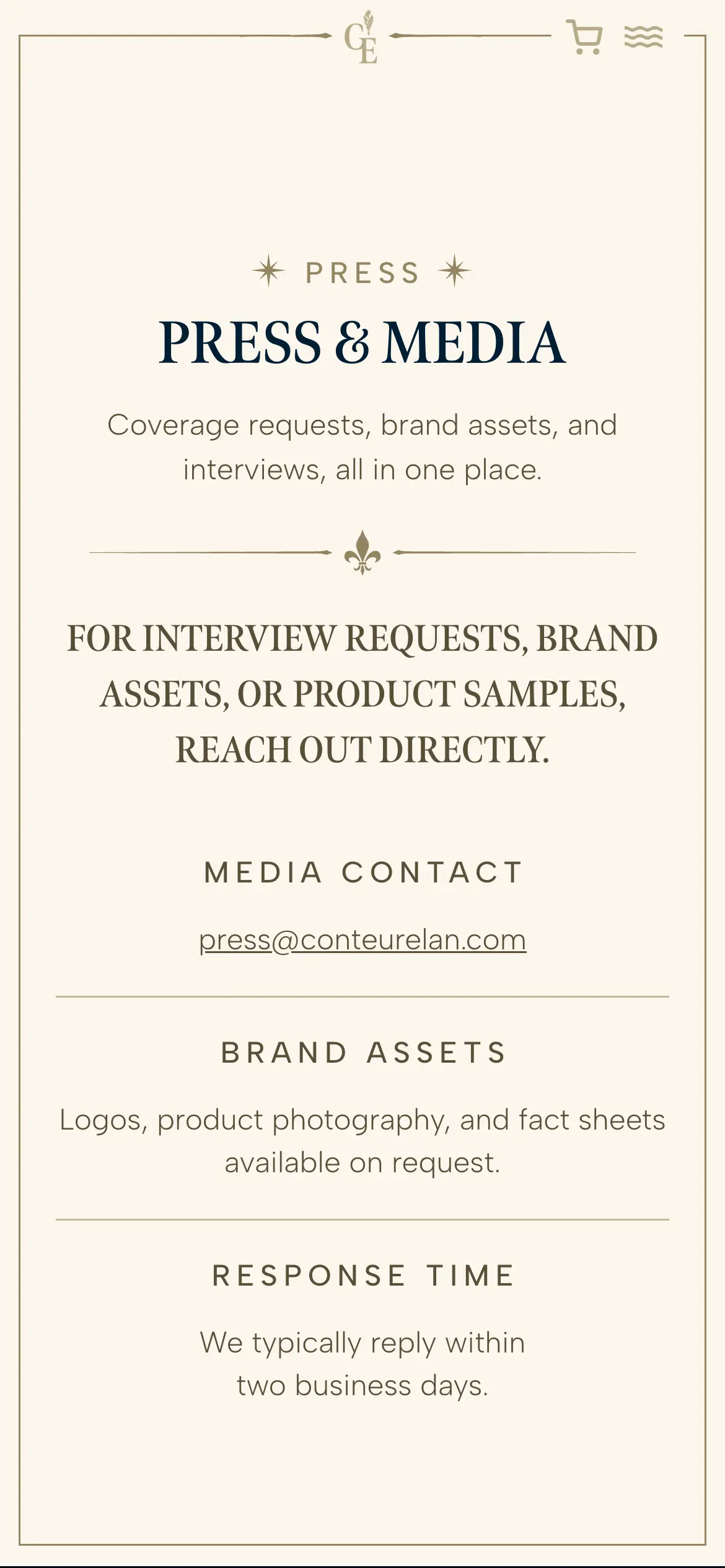 Mobile Press & Media page listing the media contact, brand assets, and typical response time.
