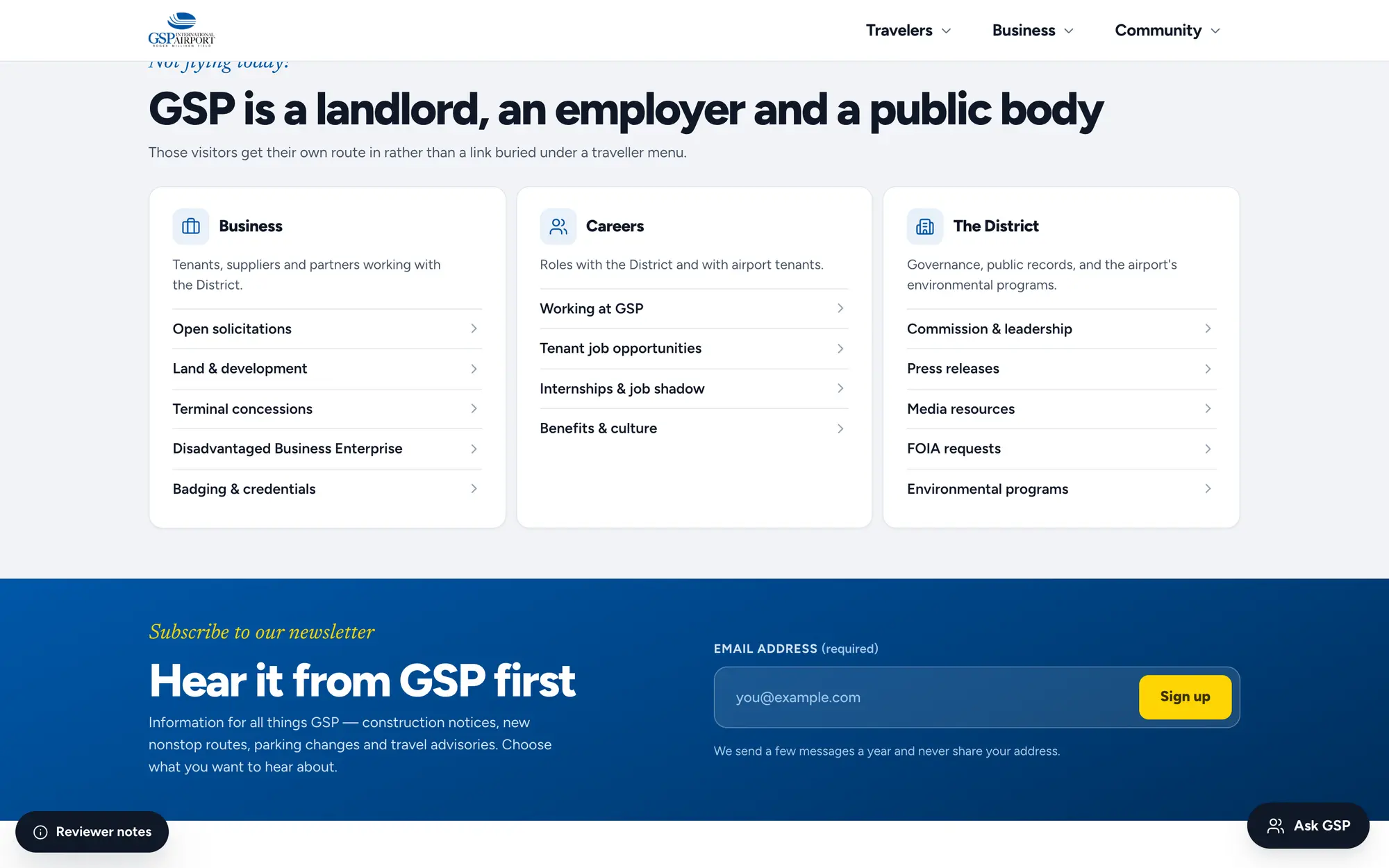 Desktop “GSP is a landlord, an employer and a public body” section, splitting Business, Careers and The District into link groups.