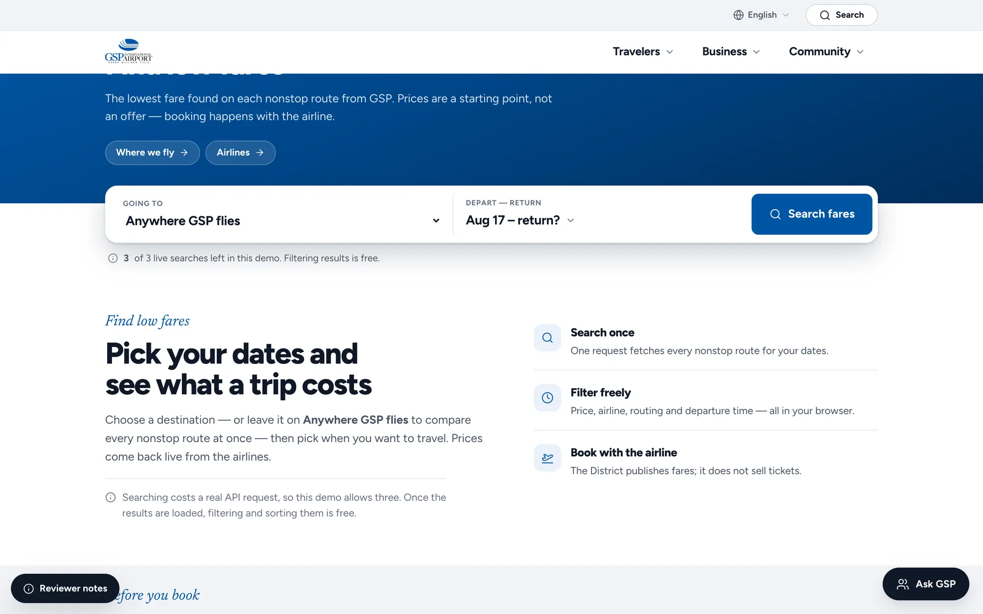 Desktop Find Low Fares hero, searching every nonstop route from GSP for the lowest live fare.