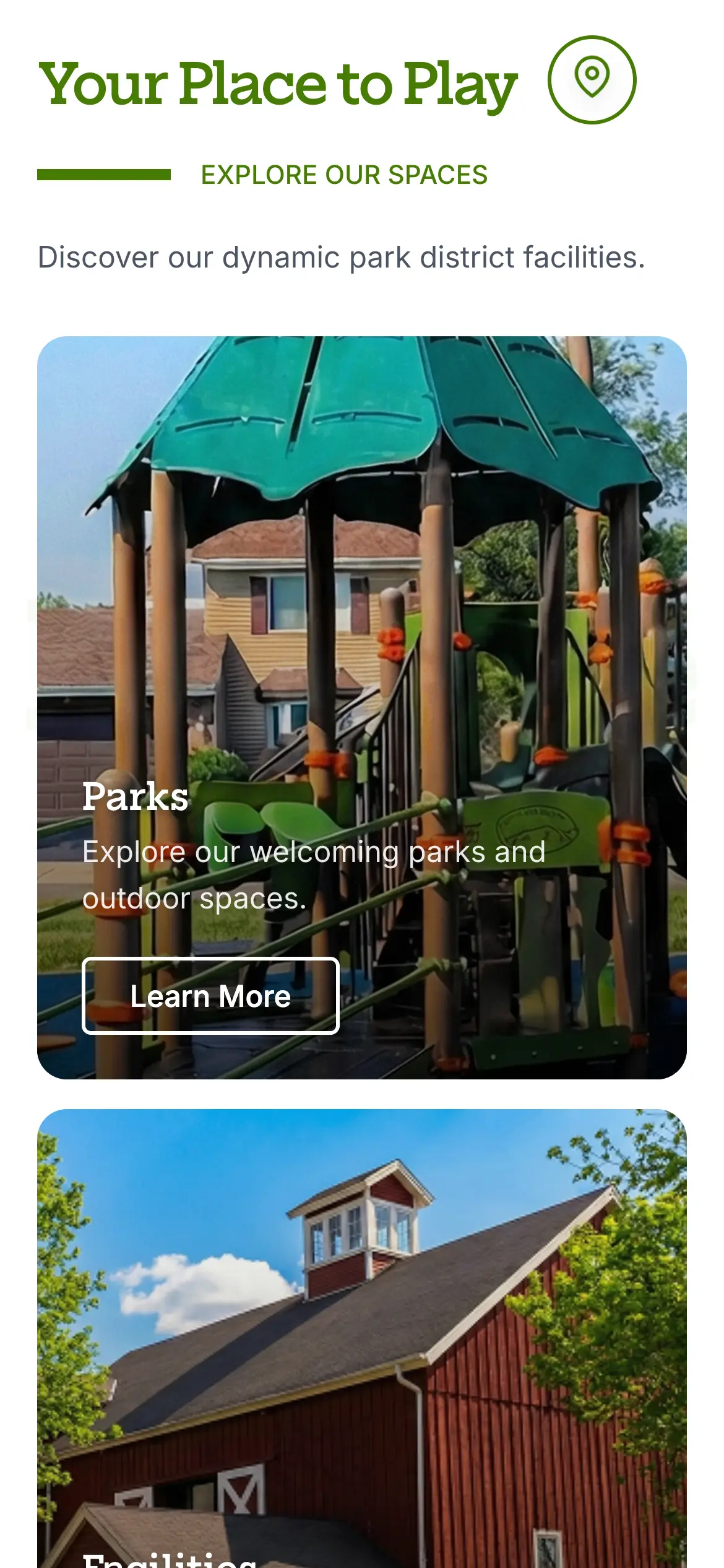 Mobile “Your Place to Play” section with stacked Parks and Rentals cards.