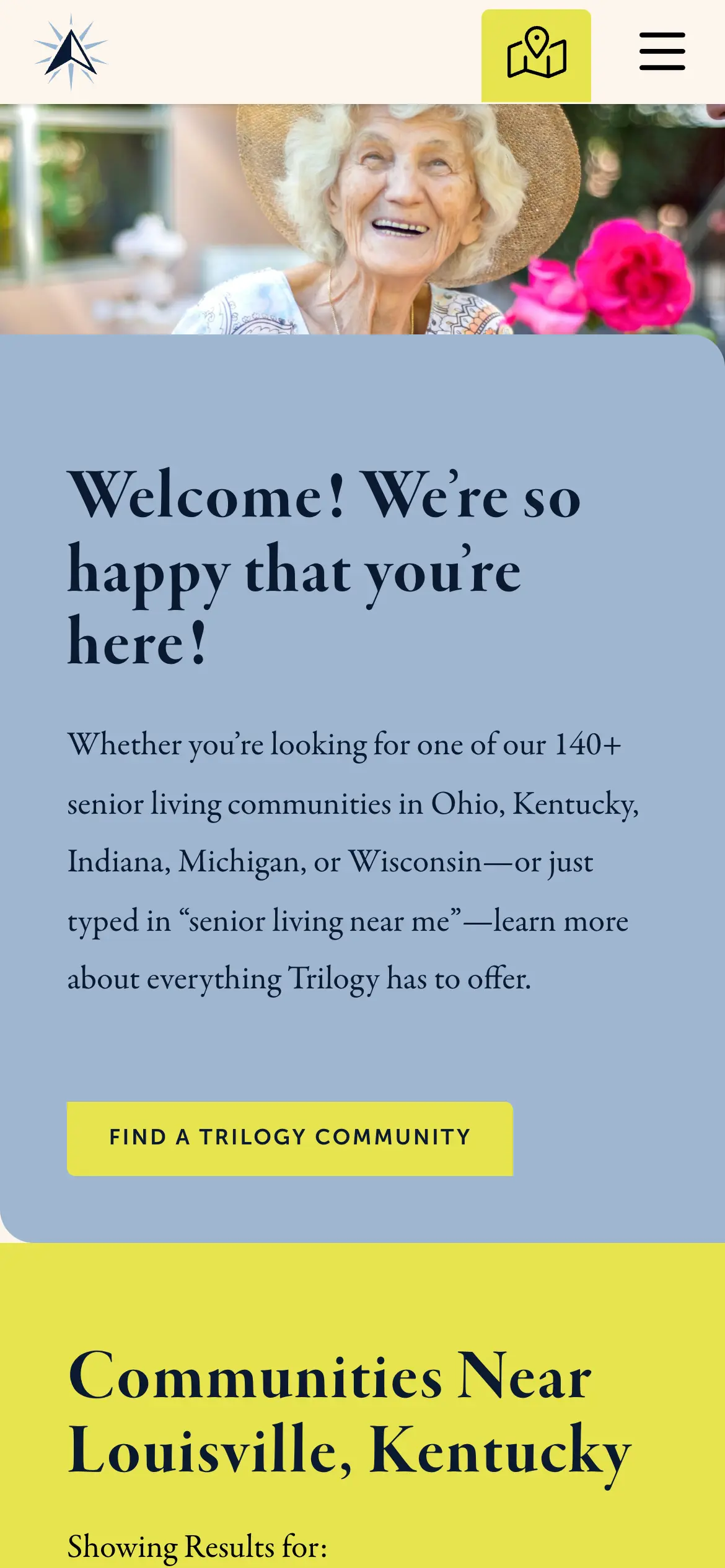 Mobile homepage hero, “Welcome! We’re so happy that you’re here!,” with the community finder button above the fold.
