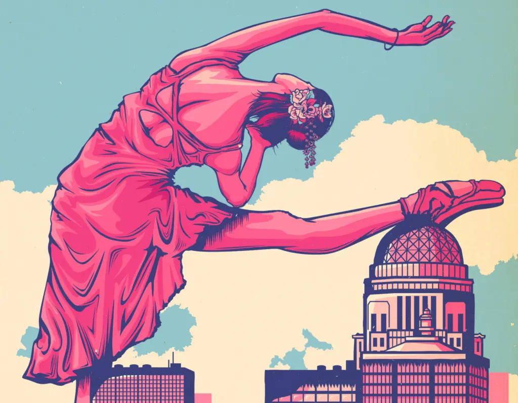 A poster of a dancer in pink, her leg stretched over the dome of a city building.