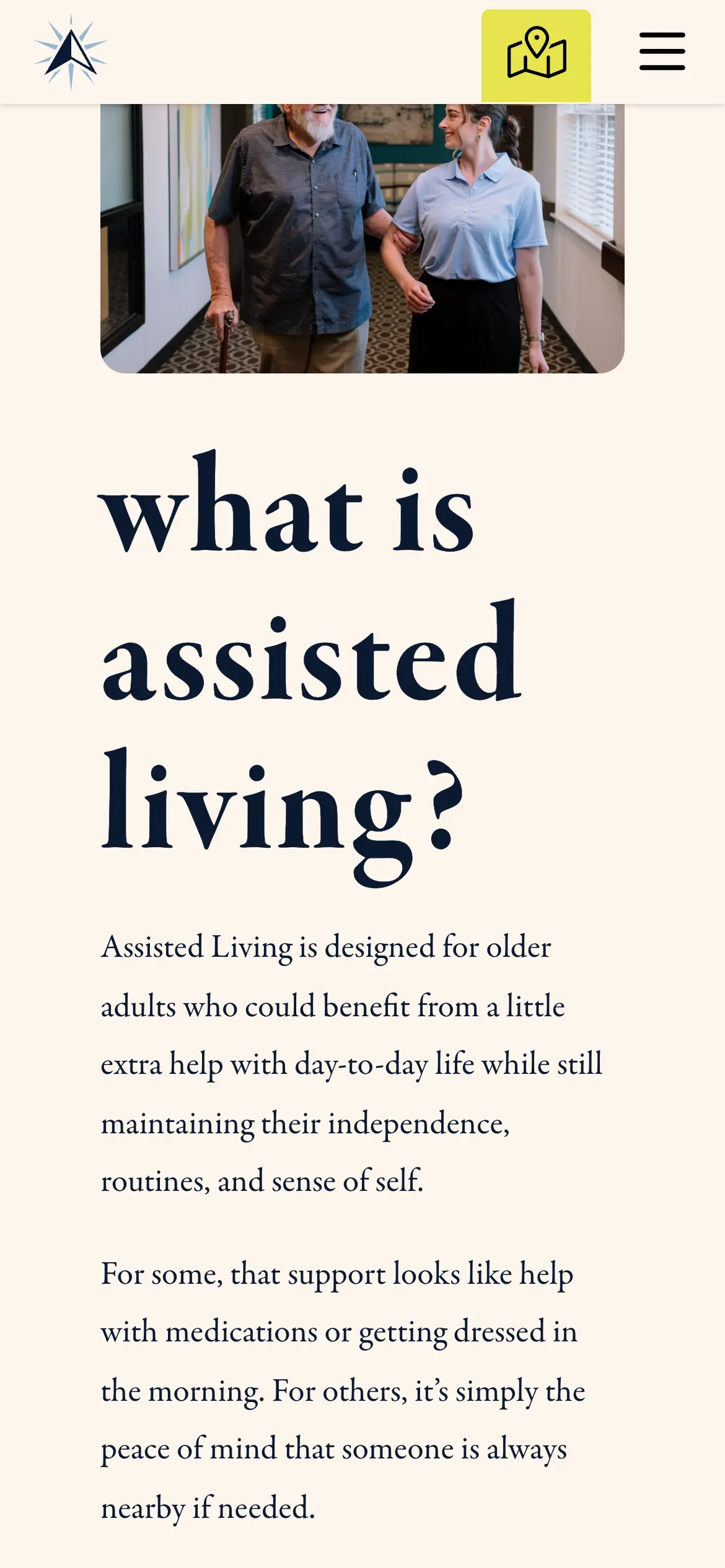 Mobile explainer, “what is assisted living?,” in plain language for families comparing options.