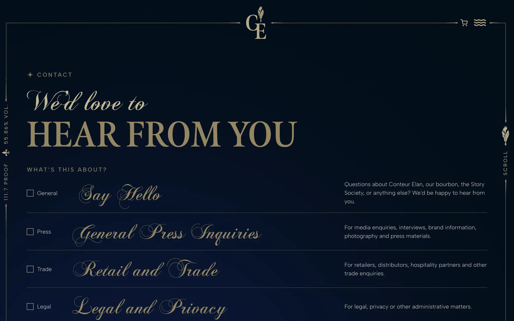 Desktop Contact page, “We’d love to hear from you,” with script-lettered topics for General, Press, Trade, and Legal inquiries.