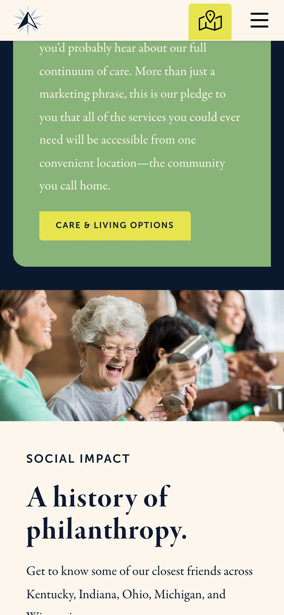 Mobile Social Impact card, “A history of philanthropy.,” above Trilogy’s giving across Kentucky, Indiana, Ohio, Michigan and Wisconsin.