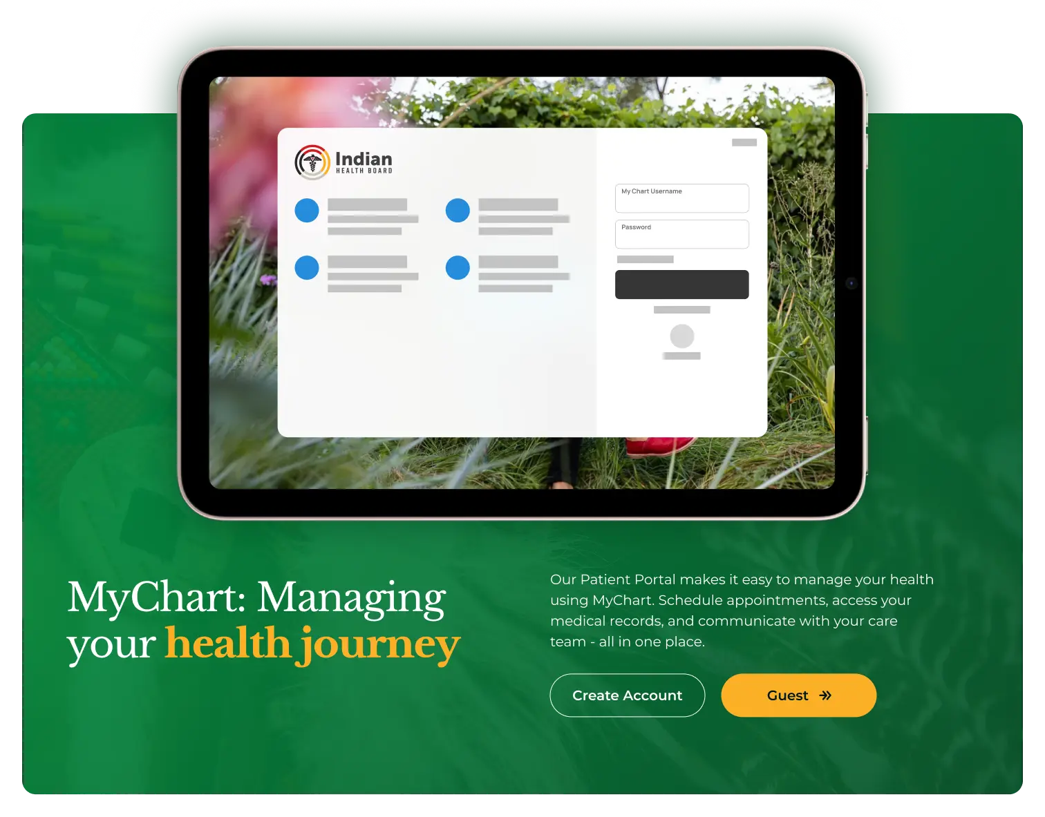MyChart patient portal promotion shown on a tablet, highlighting the integrated login for scheduling appointments and accessing medical records.