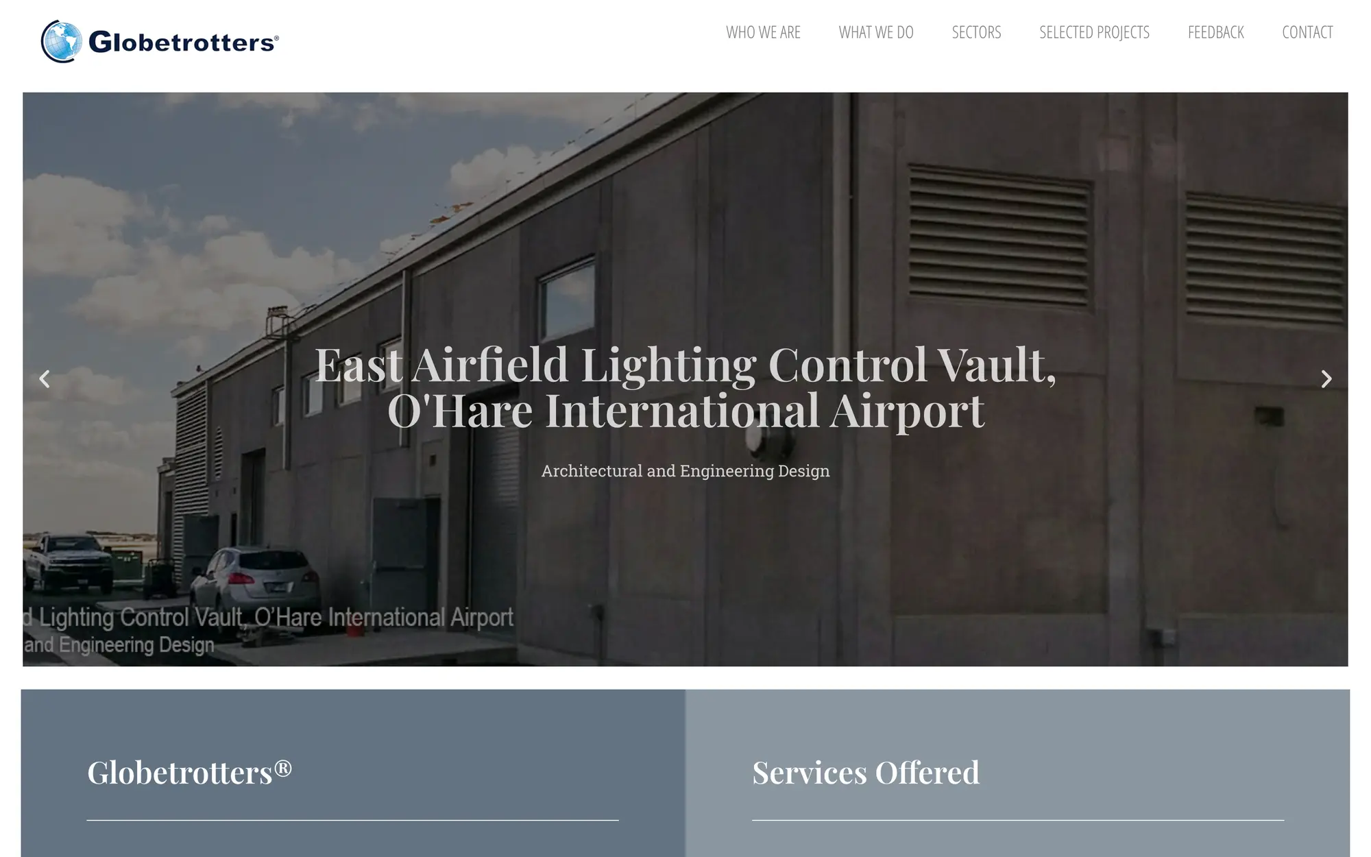 Desktop homepage slider featuring the East Airfield Lighting Control Vault at O’Hare International Airport.