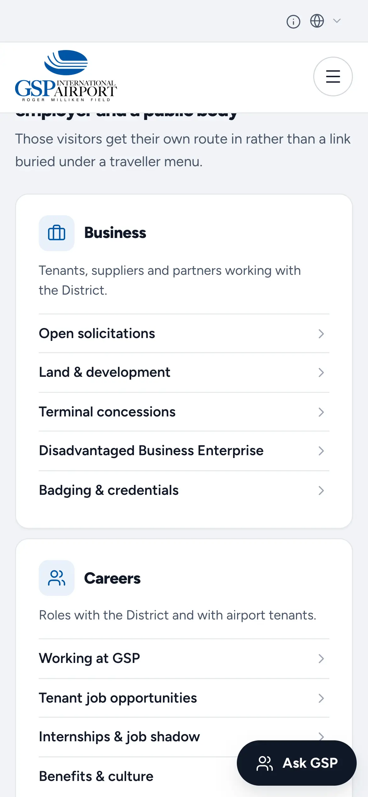 Mobile Business and Careers link groups, from open solicitations and land development to tenant jobs and internships.