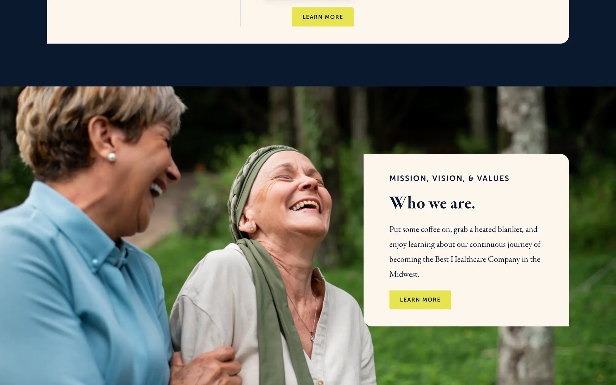 Desktop “Who we are.” mission card over a full-width photo of two residents laughing together outdoors.