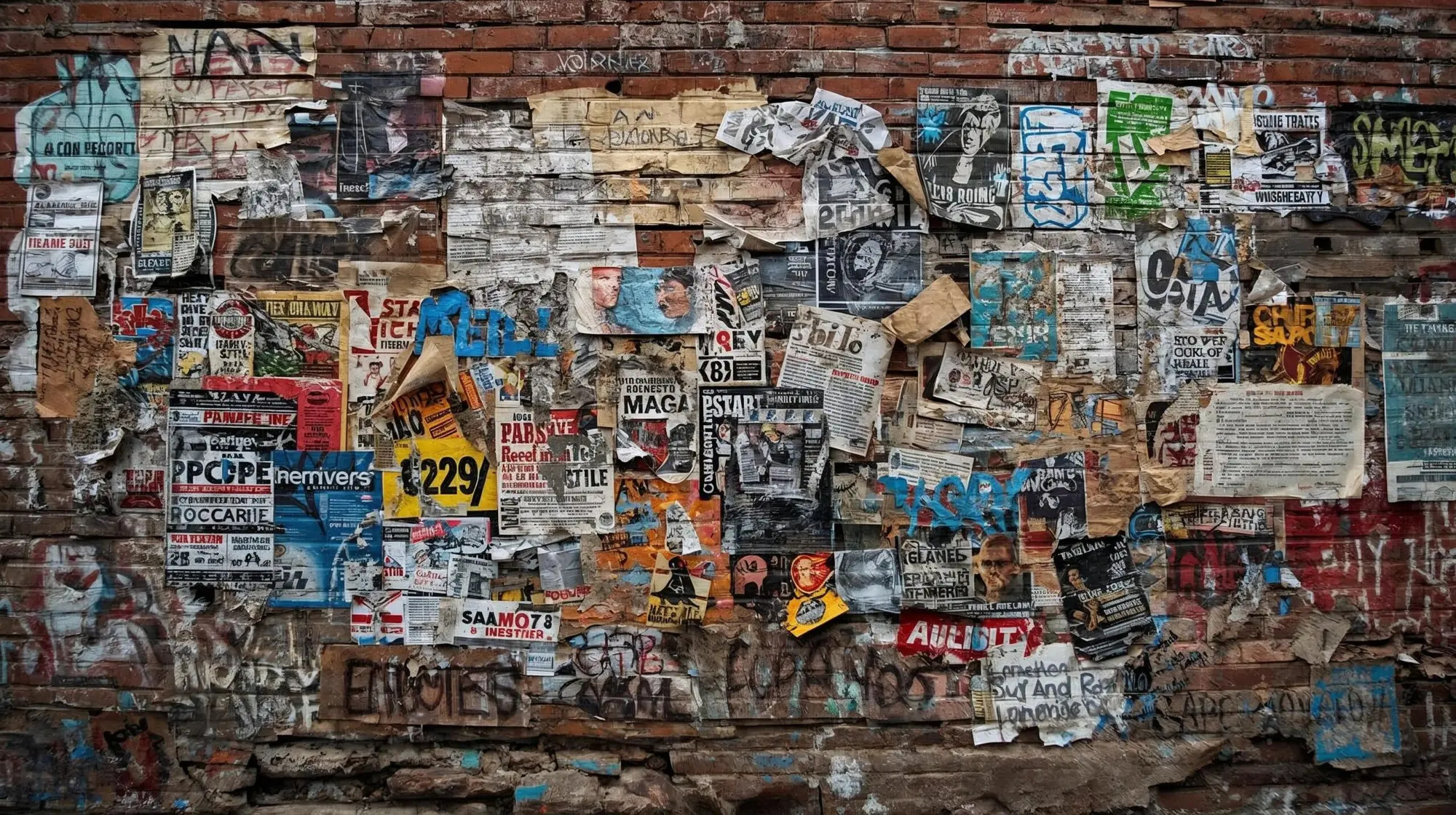 Weathered brick wall covered with layers of torn posters, flyers, and graffiti representing the visual chaos of public messaging and activism