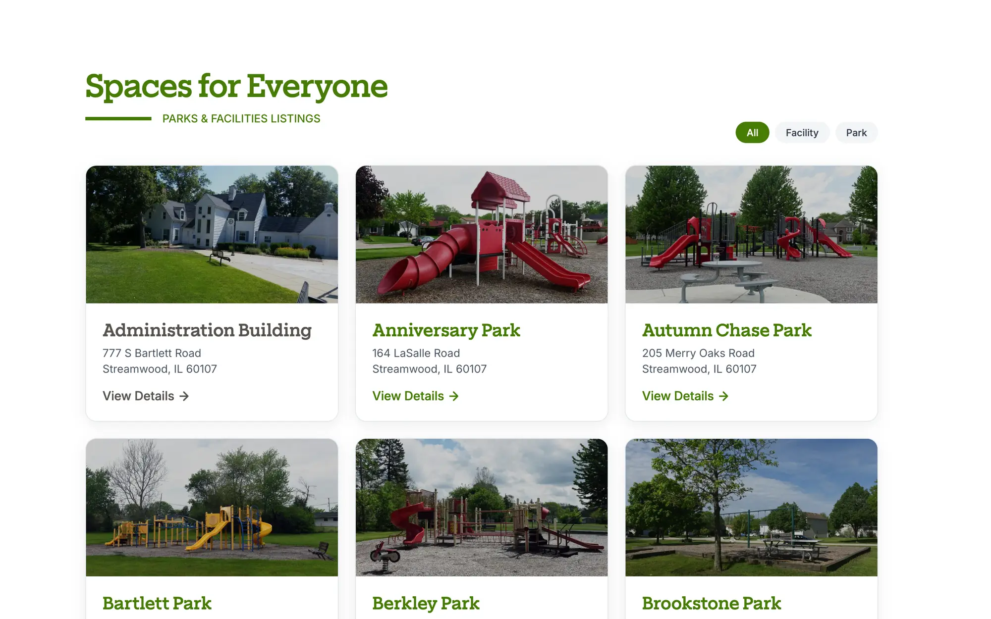 Desktop “Spaces for Everyone” listings with All, Facility and Park filters and an address on every card.