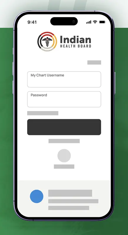 Mobile MyChart login screen featuring Indian Health Board branding.