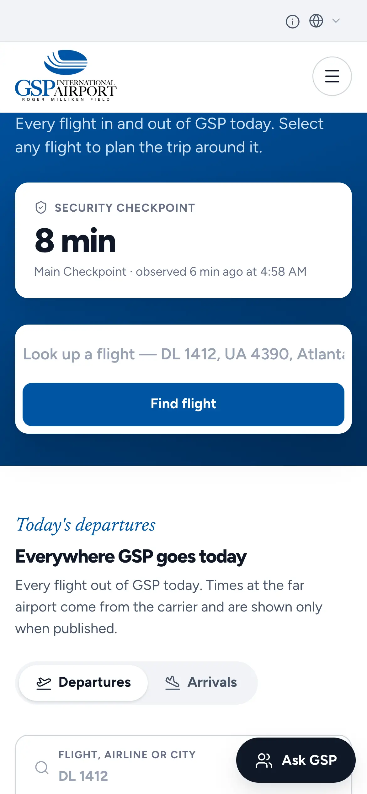 Mobile security checkpoint card showing an 8-minute wait at the main checkpoint above the flight lookup.