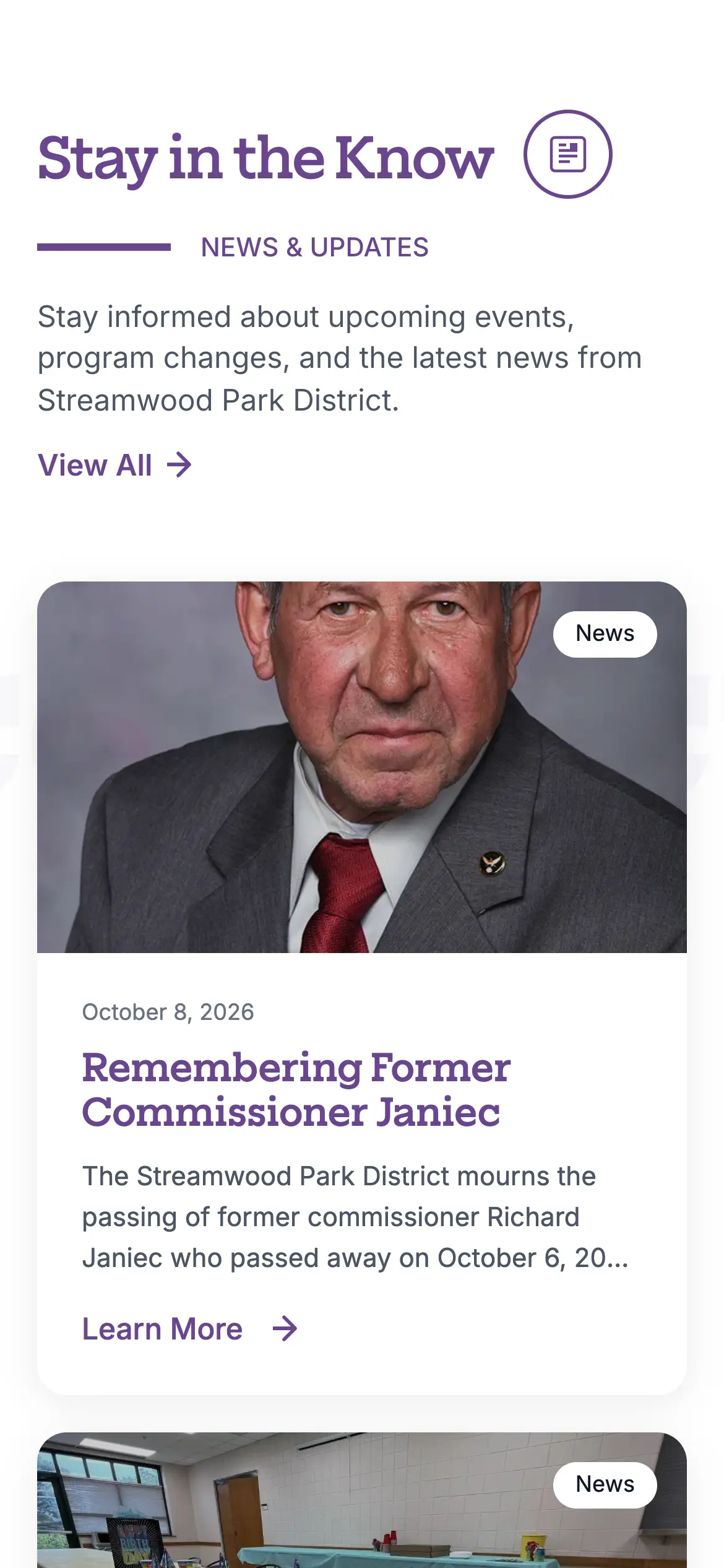 Mobile “Stay in the Know” news feed with dated, photo-led story cards.