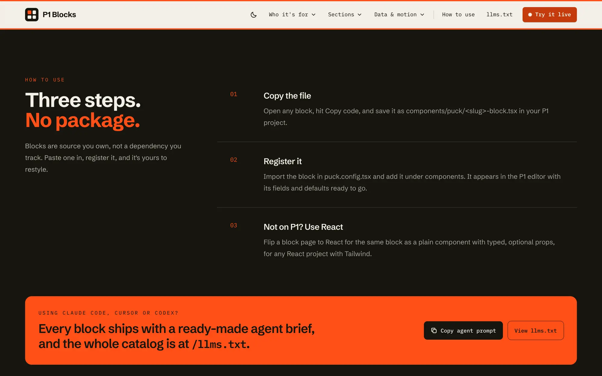 Desktop how-to-use section, “Three steps. No package.,” above an orange band pointing coding agents to /llms.txt.
